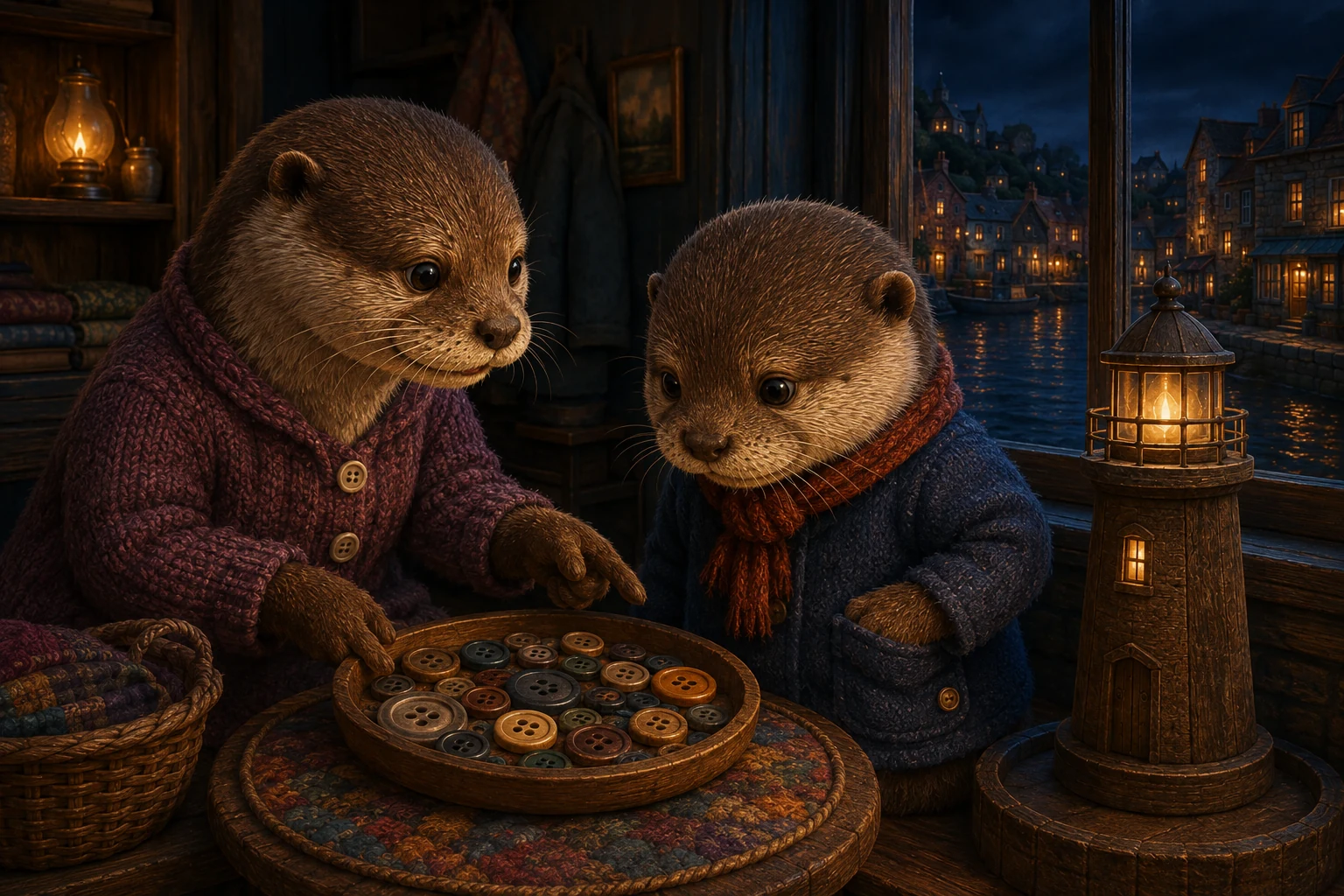 Gran shows Moss a tray of different buttons. Moss keeps a paw near the pocket holding his amber find.