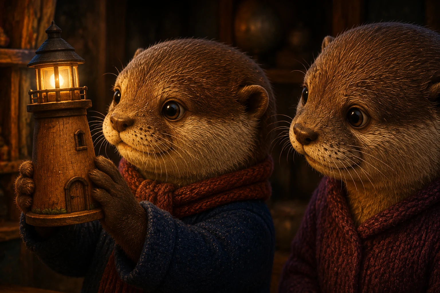 Moss cradles his small wooden lighthouse beside Gran. The enclosed lamp lights their faces.