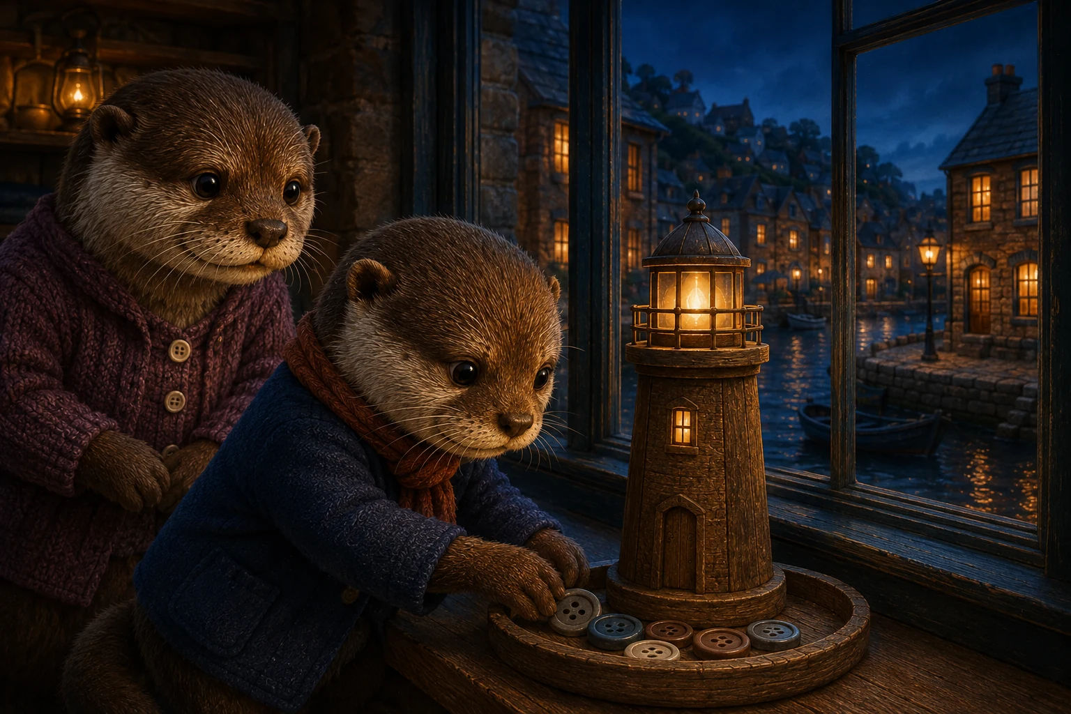Moss arranges the buttons beneath the little lighthouse, bringing a plain gray one to the front of the tray.