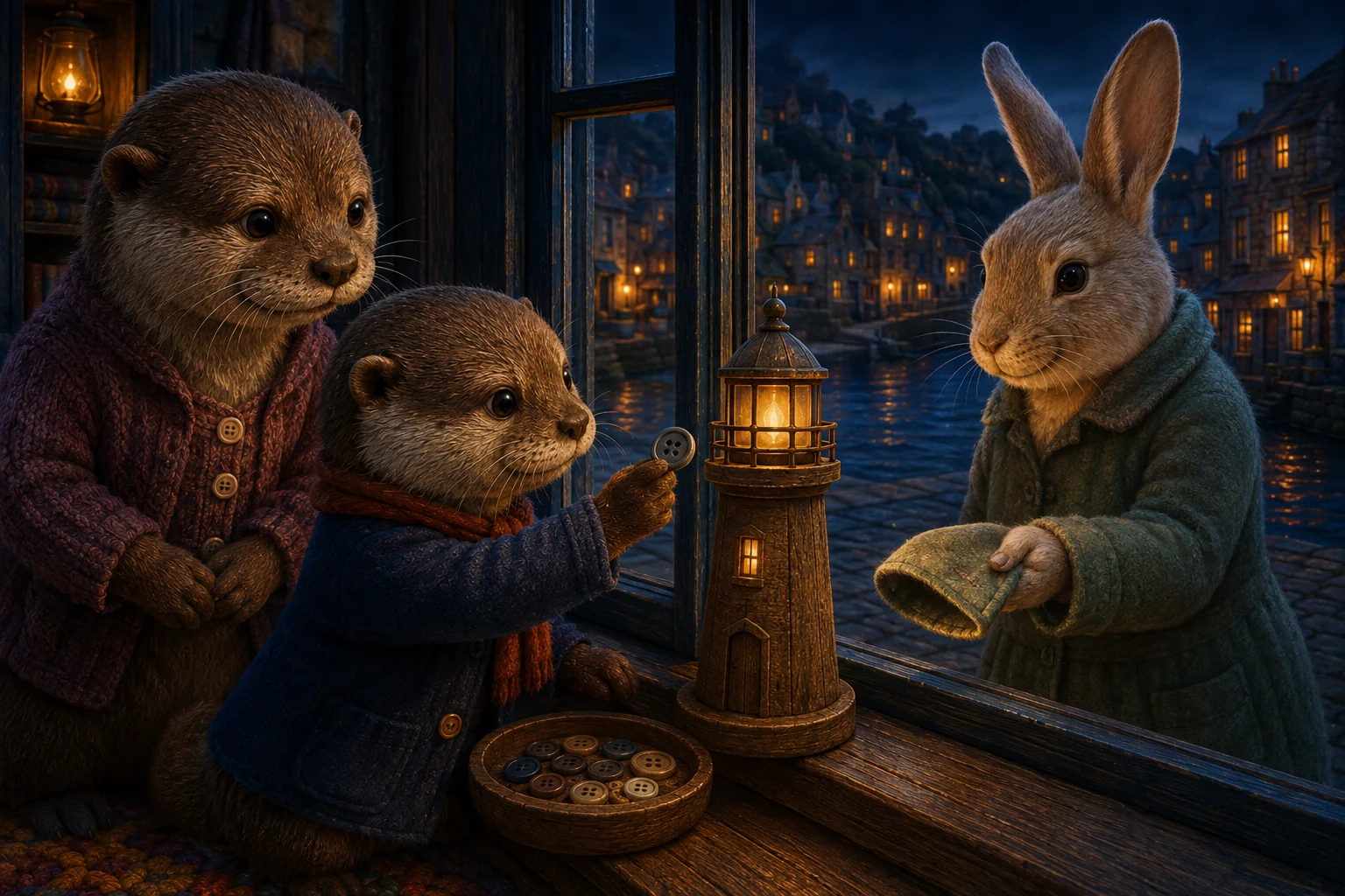 Moss offers a gray button to a rabbit who holds out the cuff of her sage coat.