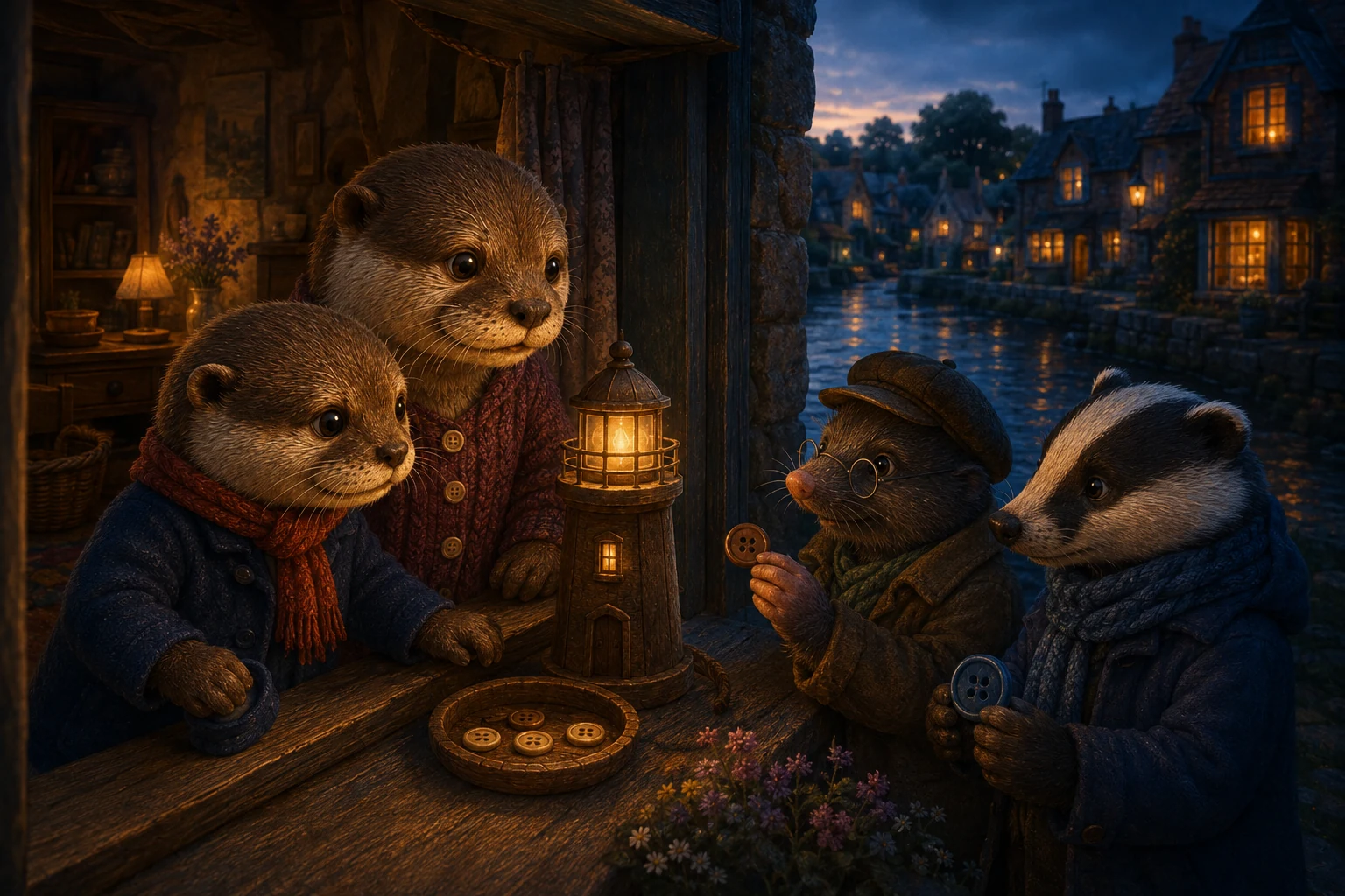 A mole and a badger find buttons at the window while Moss leaves room around the ones still waiting.