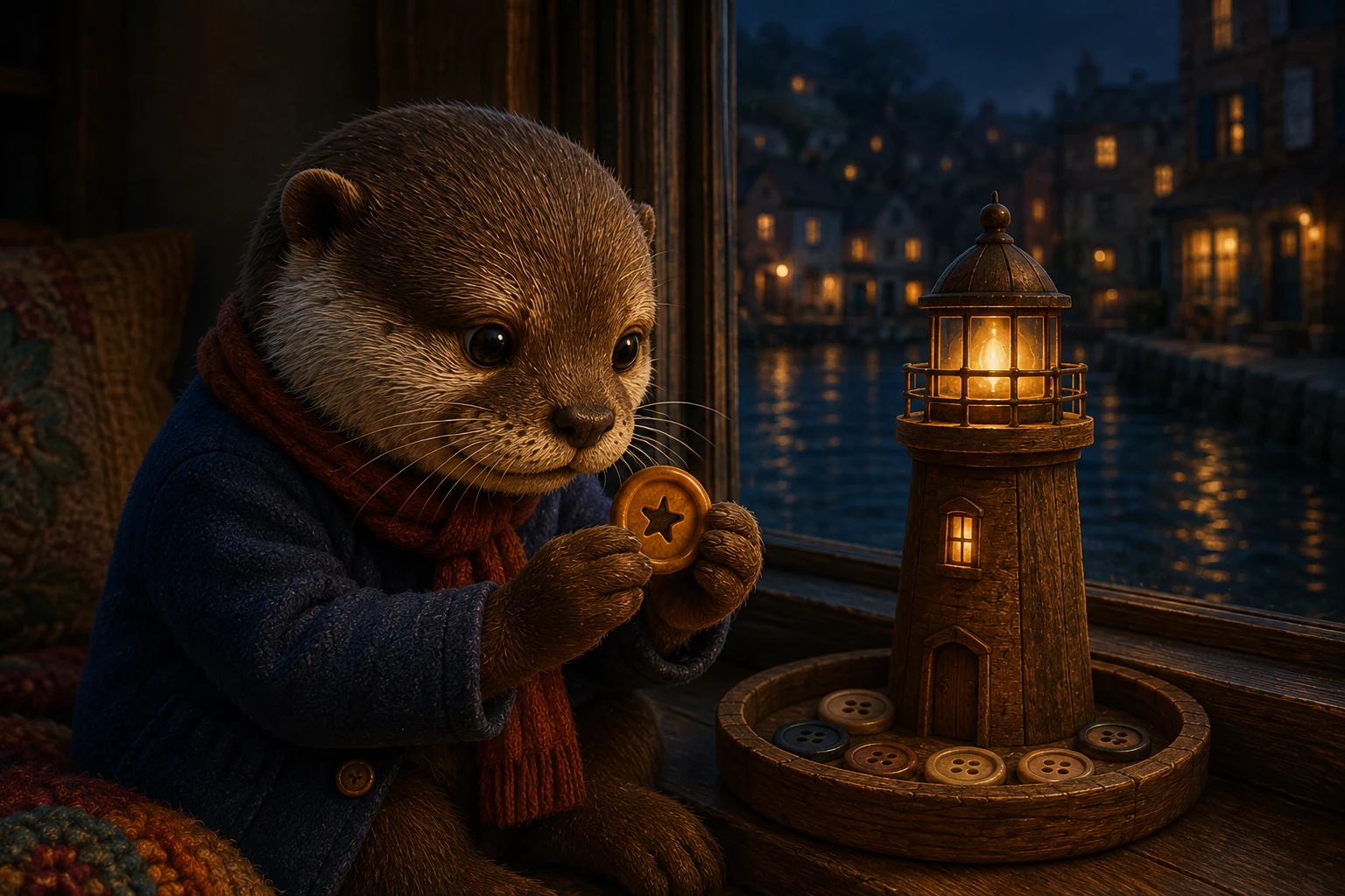 Moss studies the amber button in his paws beside the glowing window.