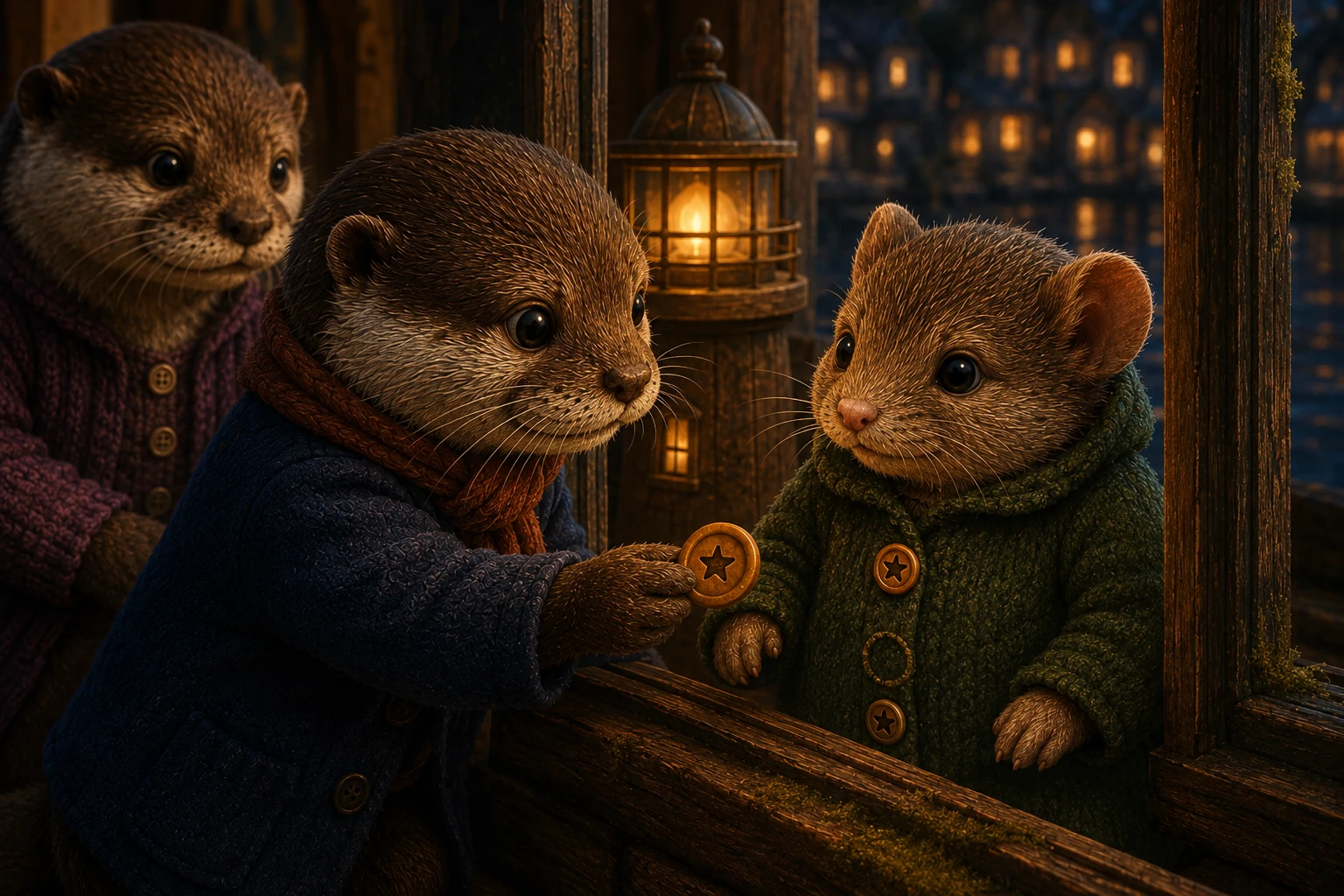 Moss holds the amber star button beside the empty button position on a dormouse's green coat.