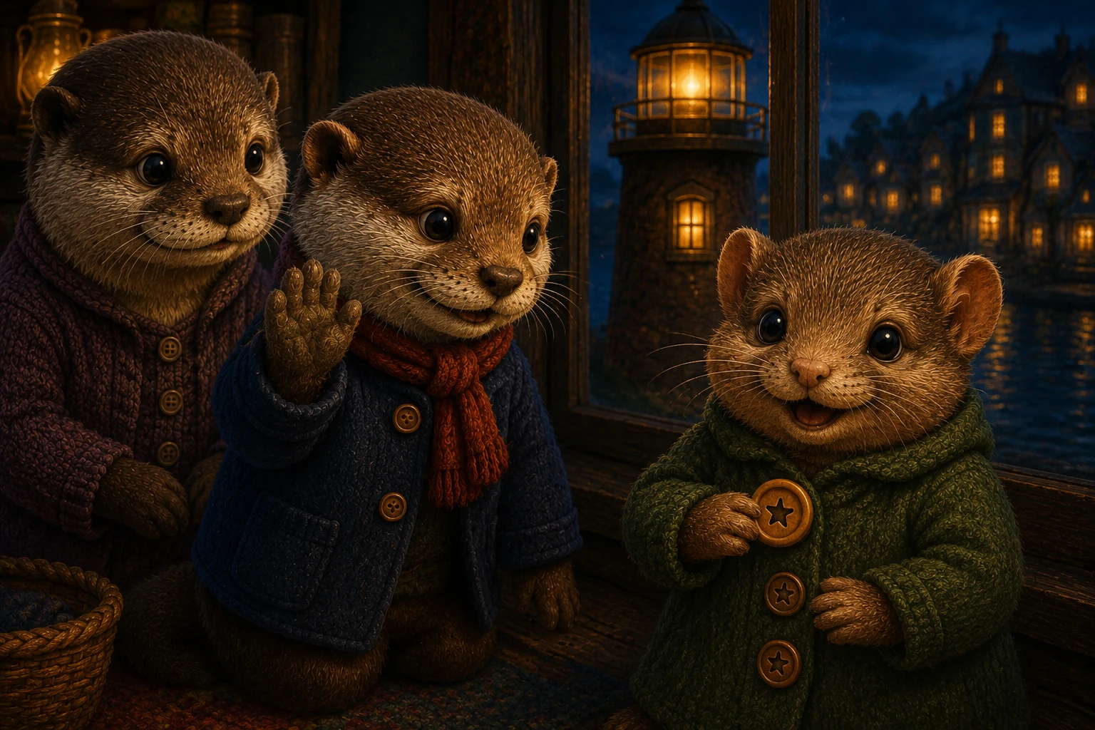 The amber button matches the dormouse's coat. Moss smiles beside Gran and the bright window.