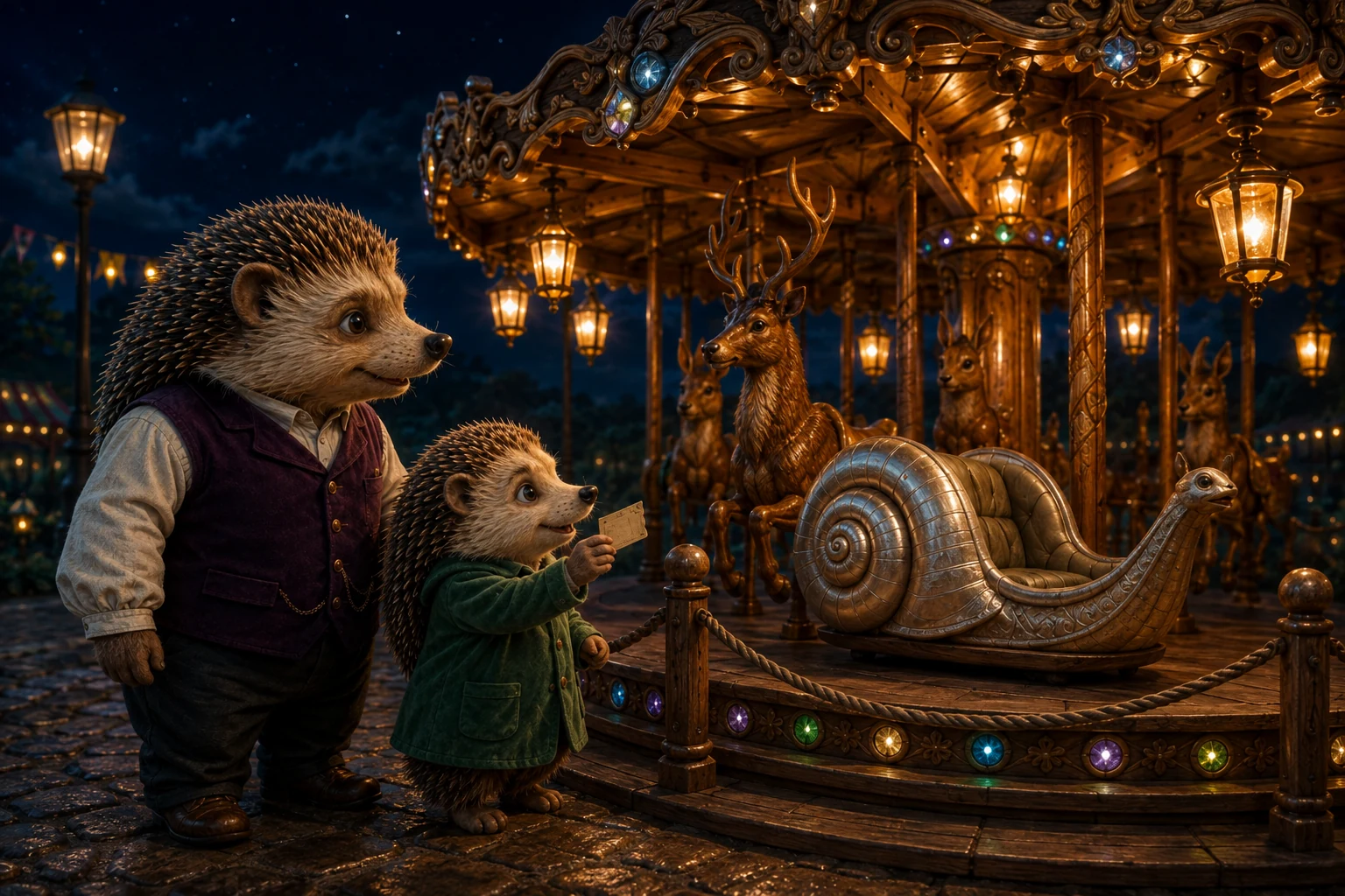 Pella holds her ticket beside Dad as the carousel's lamps glow around a carved wooden stag.