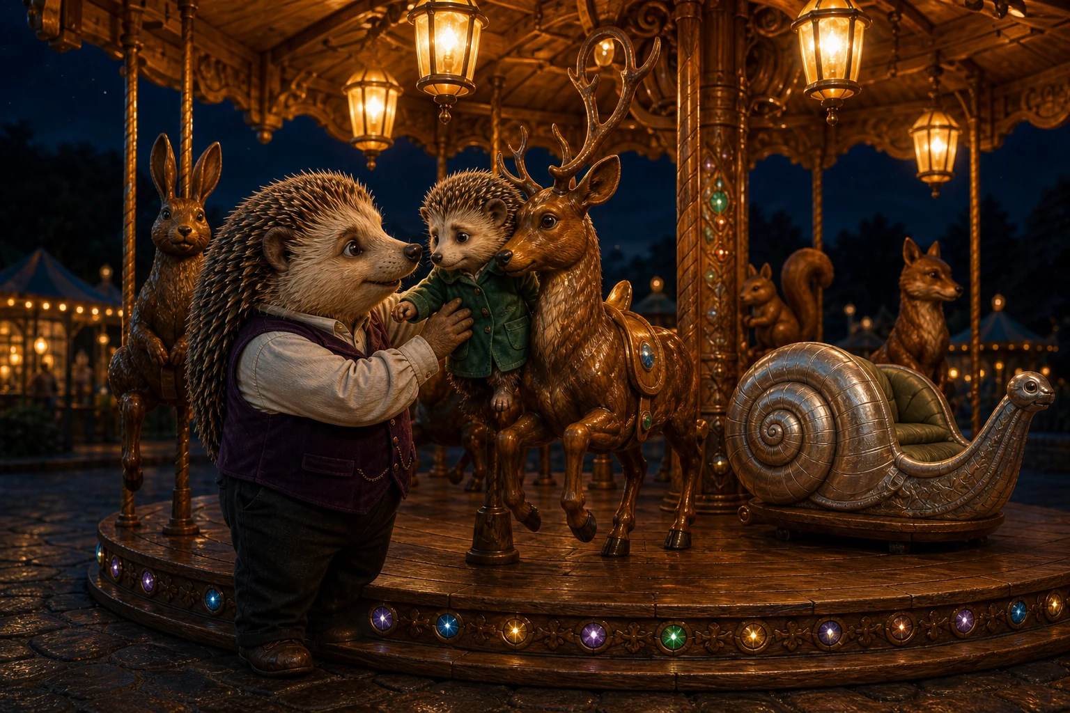 Dad helps Pella down from the wooden stag while the carousel is stopped.