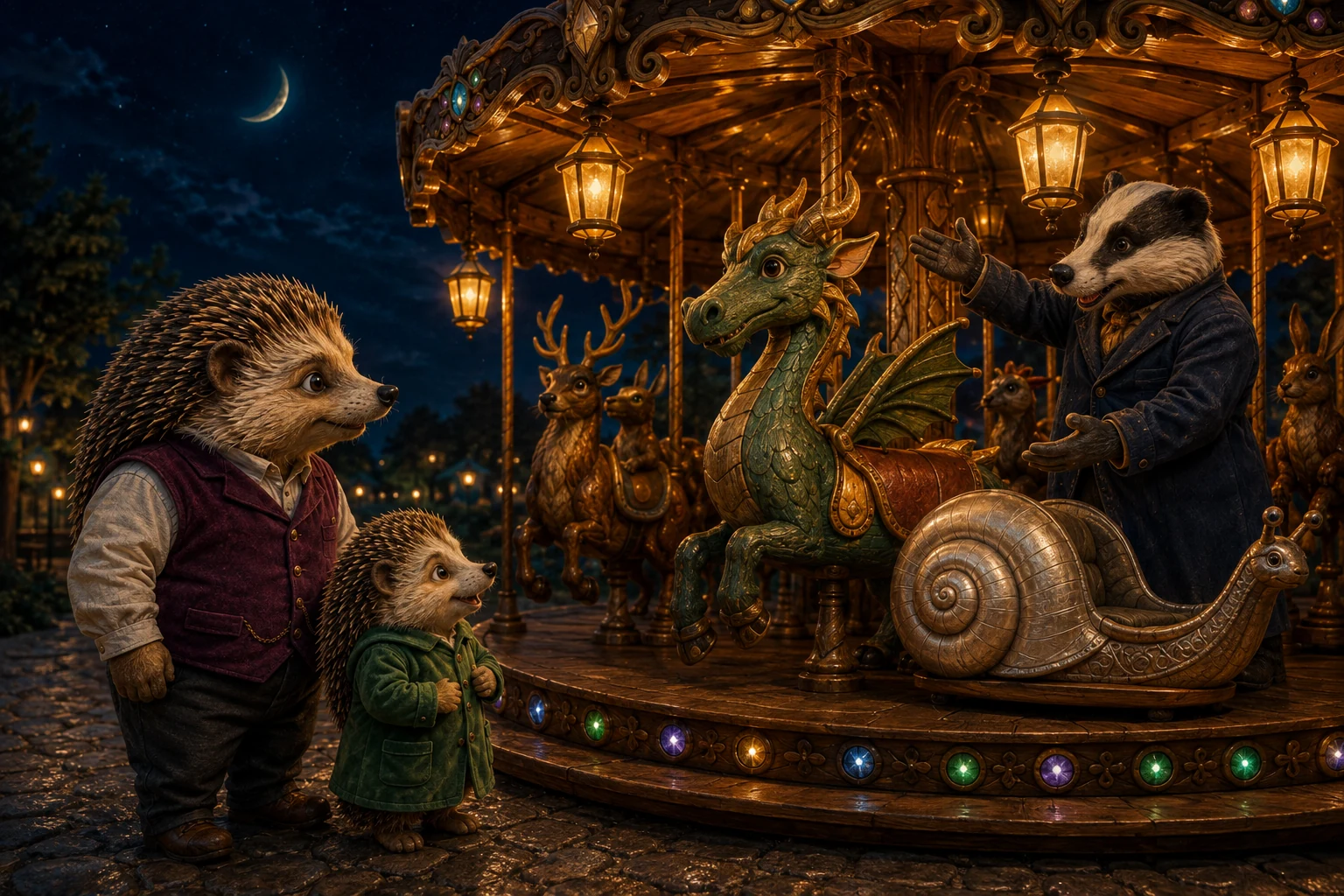 Pella and Dad admire the little green dragon as the keeper gestures to show how its seat moves.