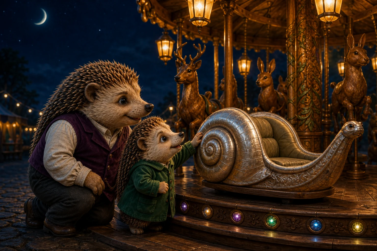 Pella touches the silver snail's curled shell while Dad kneels beside her.