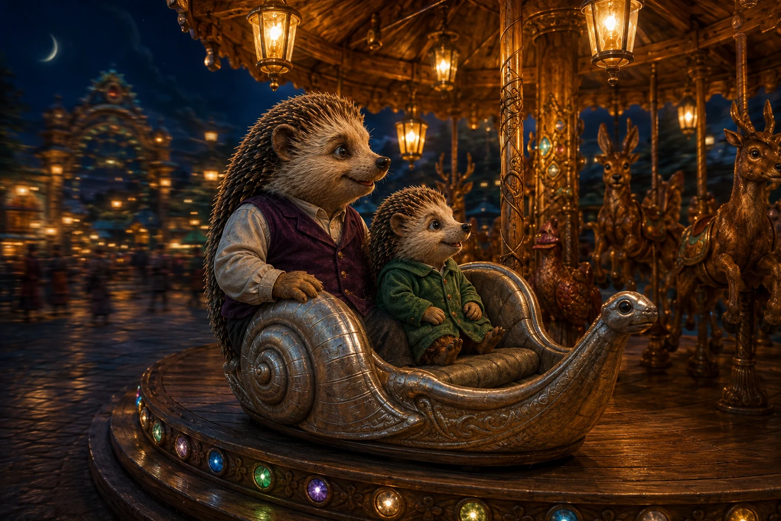 Pella watches the carousel gate pass while she and Dad ride around on the low snail bench.
