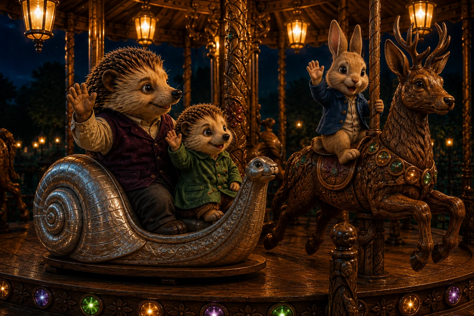 A rabbit riding the wooden stag waves to Pella, and Pella waves back from her snail bench.