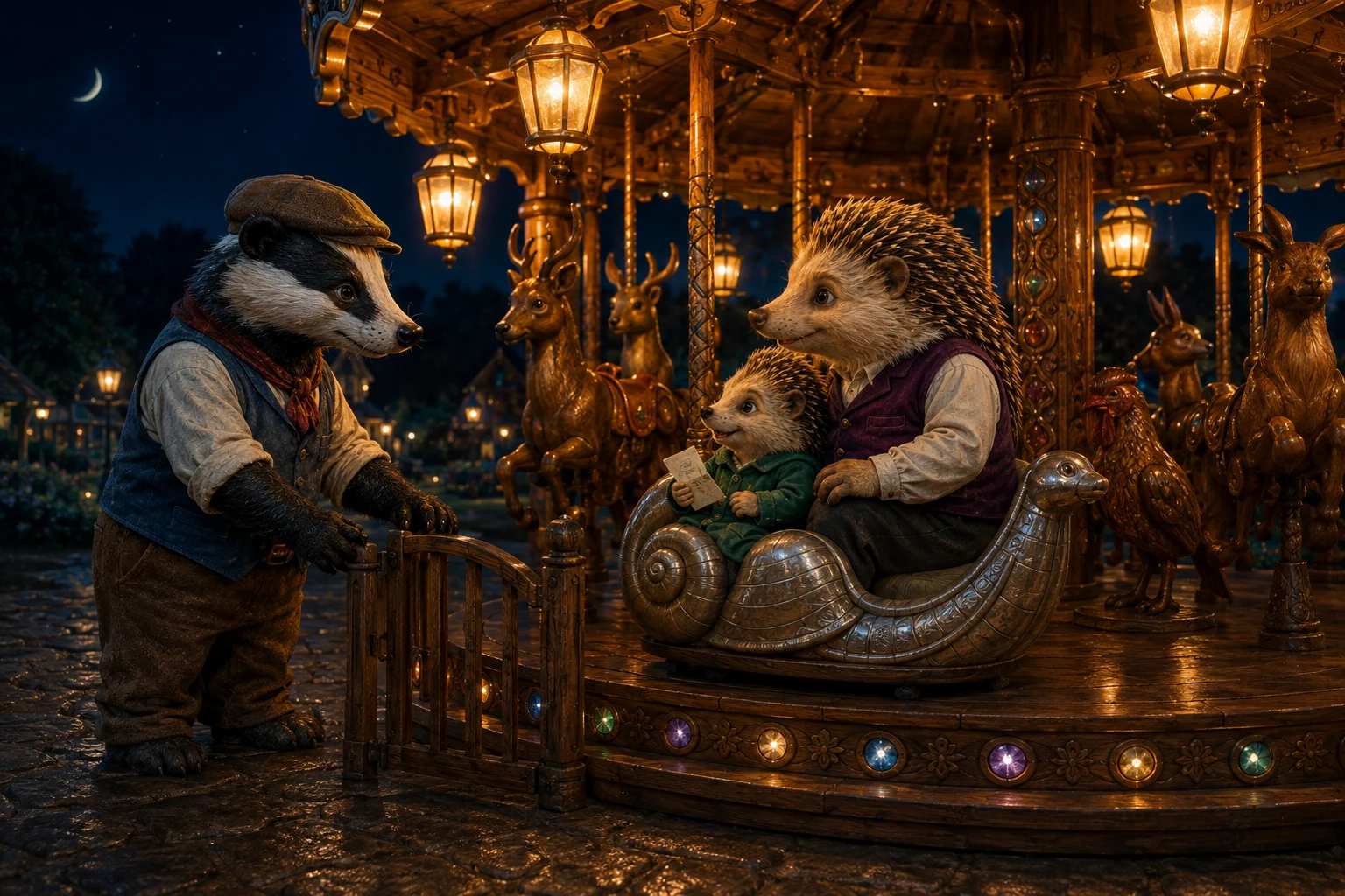 Pella and Dad wait on the snail bench as the carousel stops and the keeper opens the gate.