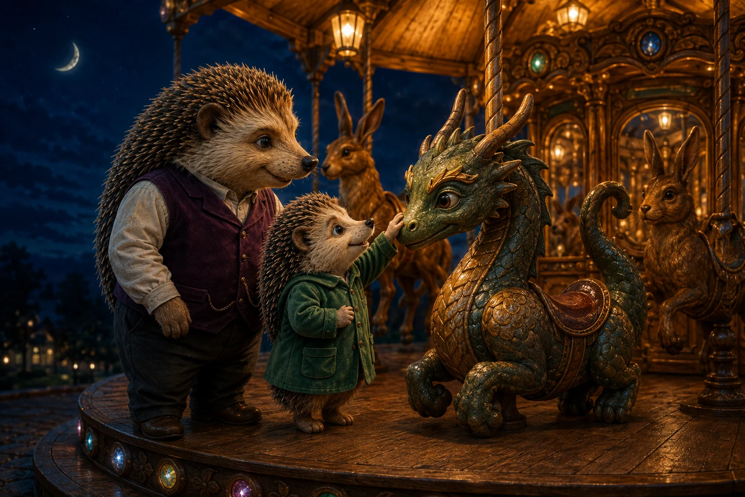 Pella pats the green dragon's wooden nose while Dad waits beside her on the stopped carousel.
