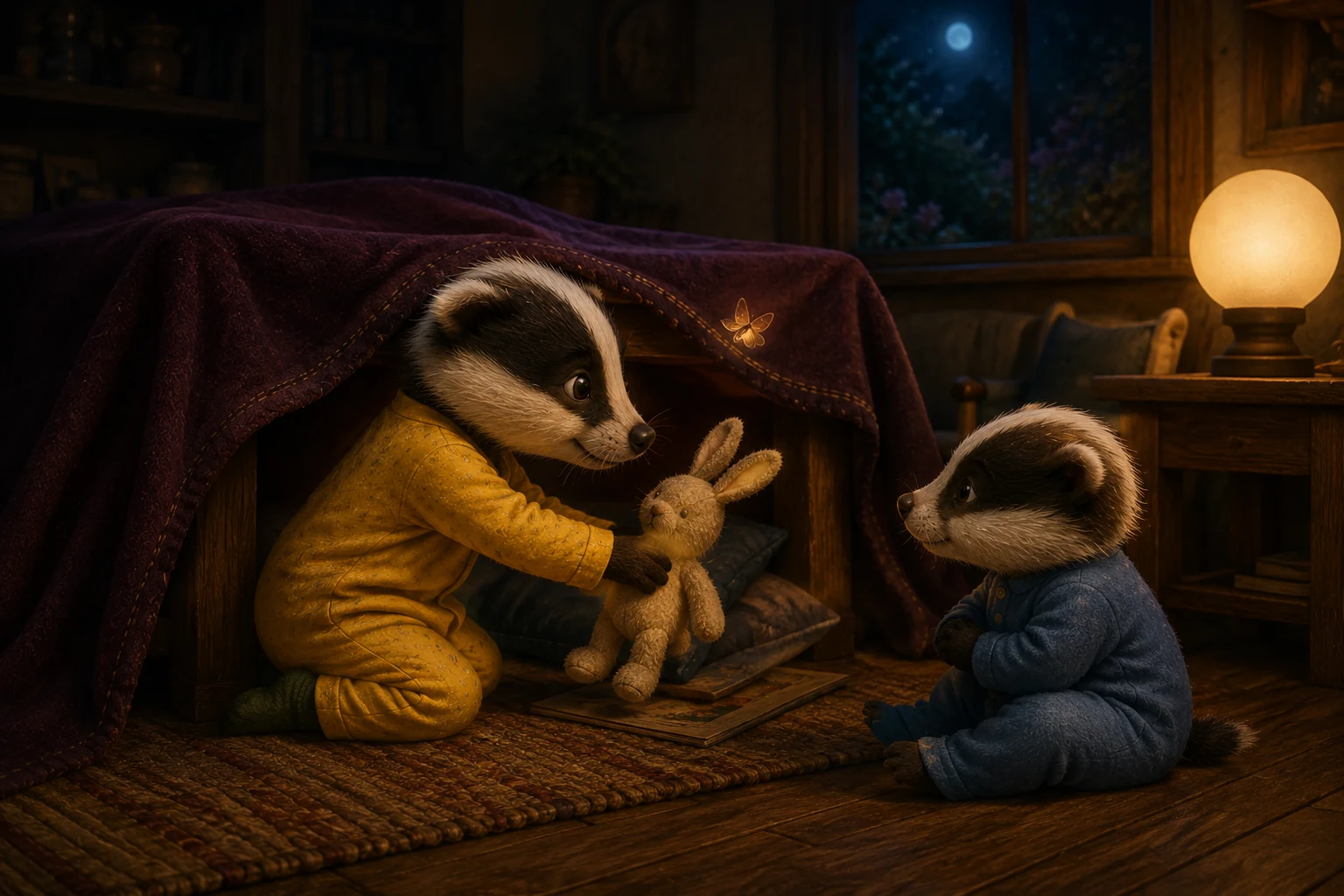 Rumi holds her soft rabbit just inside the blanket house; her picture book and pillow lie nearby.