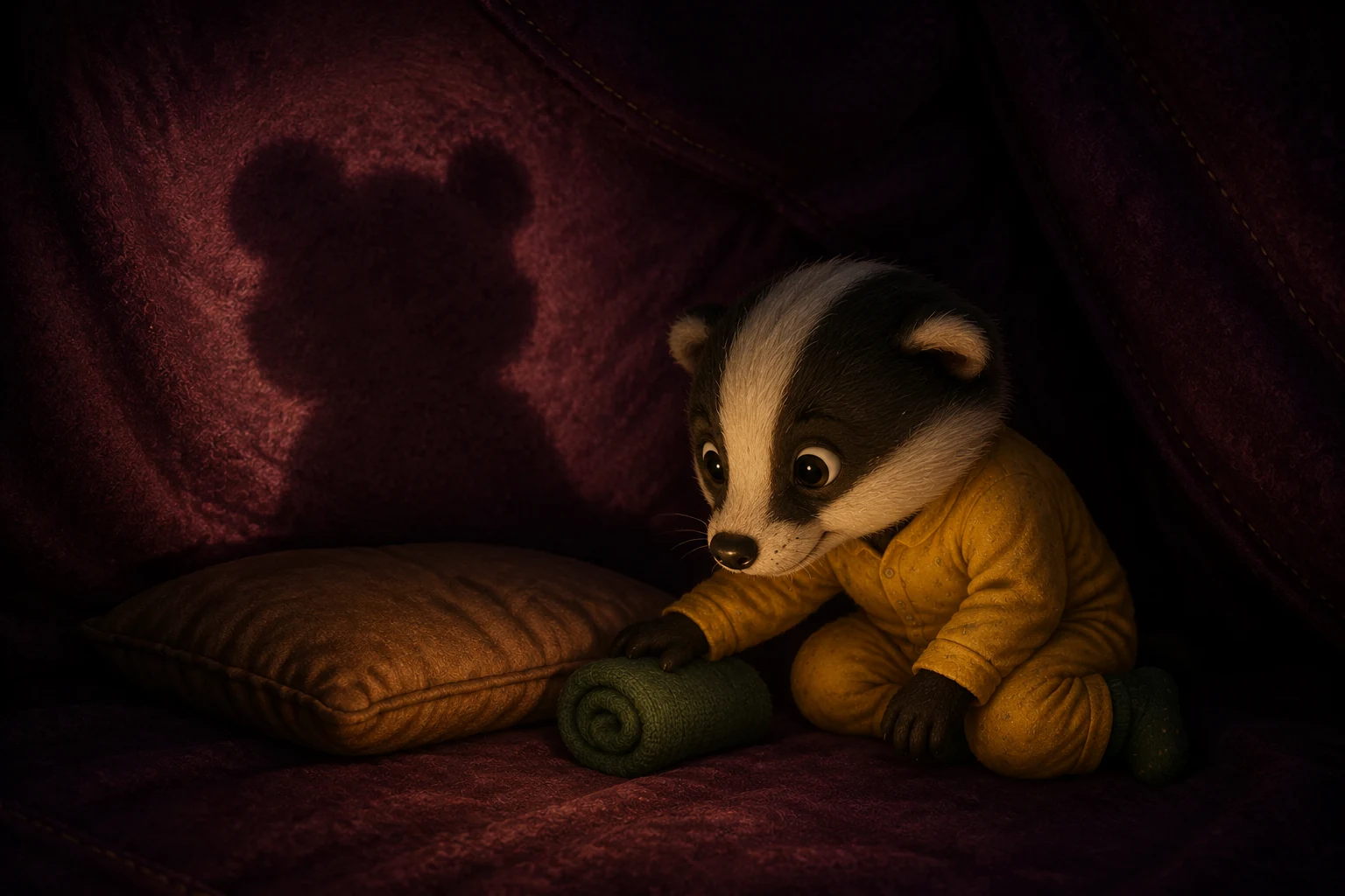 Alone inside the dim blanket house, Rumi touches a rolled green sock beneath a soft bear-shaped shadow.