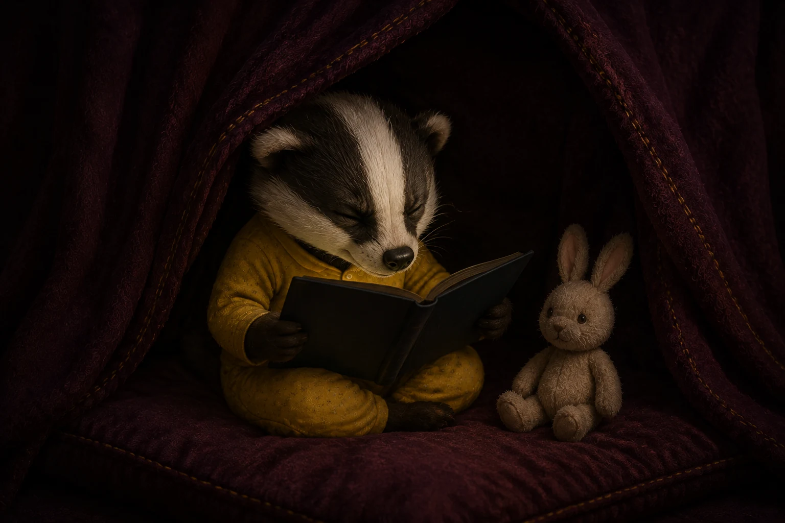 Rumi squints at her picture book in the dim blanket house, with her toy rabbit beside her.