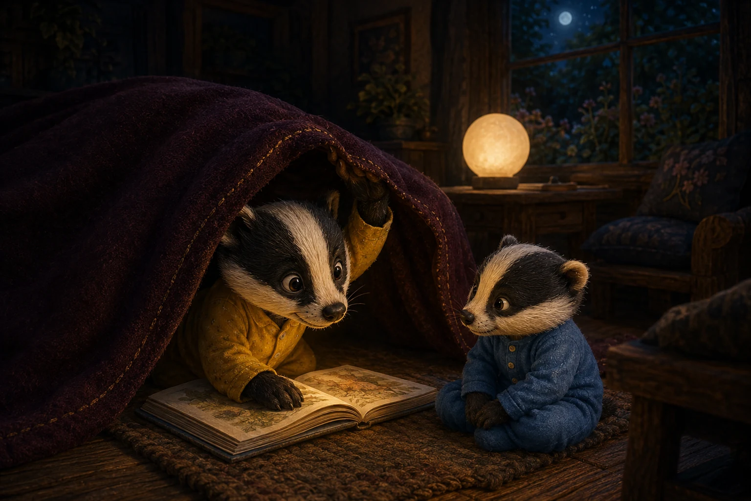 Rumi lifts a small blanket corner, letting warm lamplight cross her book and reveal Mika sitting outside.