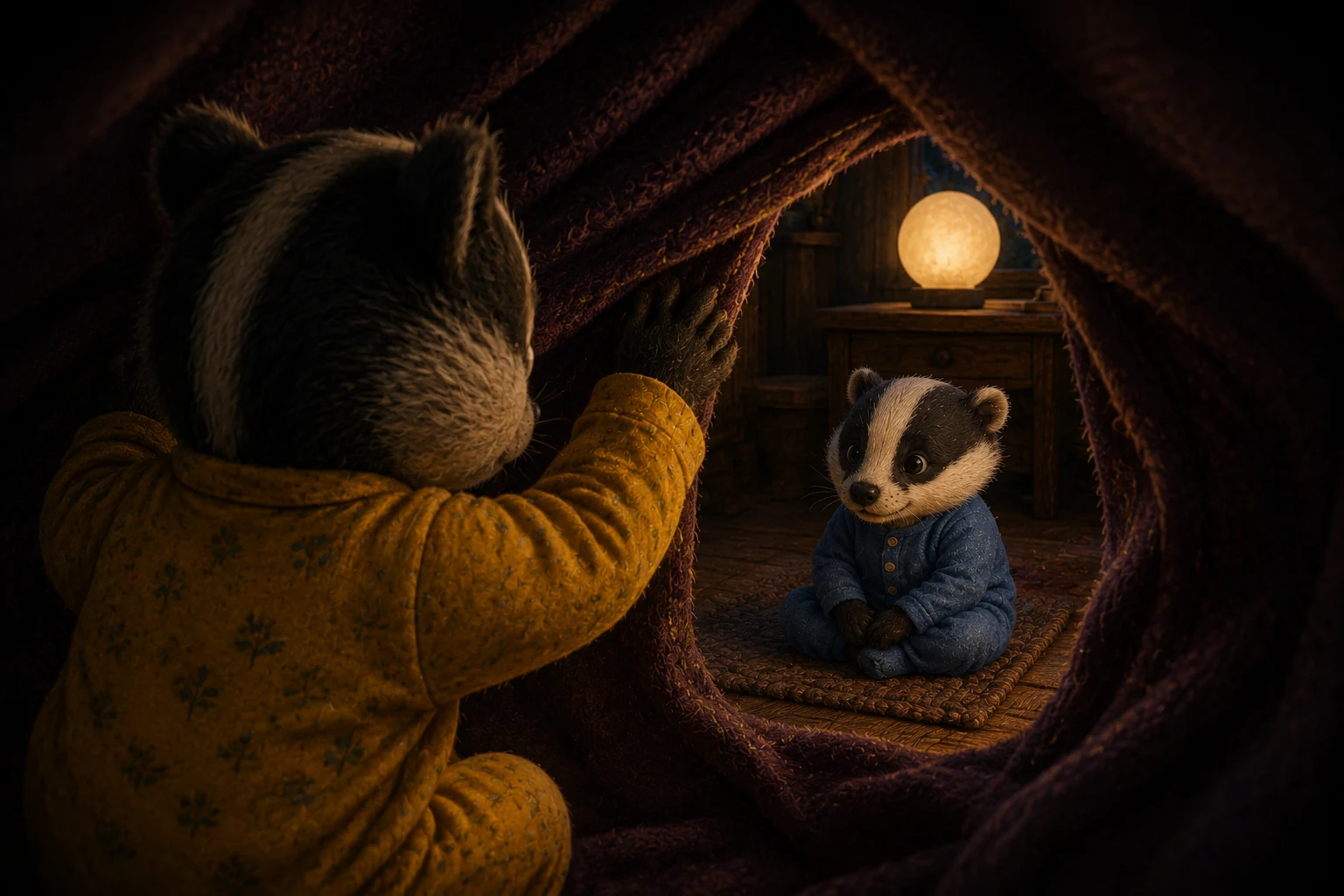From inside, Rumi lifts a folded opening and looks out at Mika and the electric globe lamp in the bedroom.