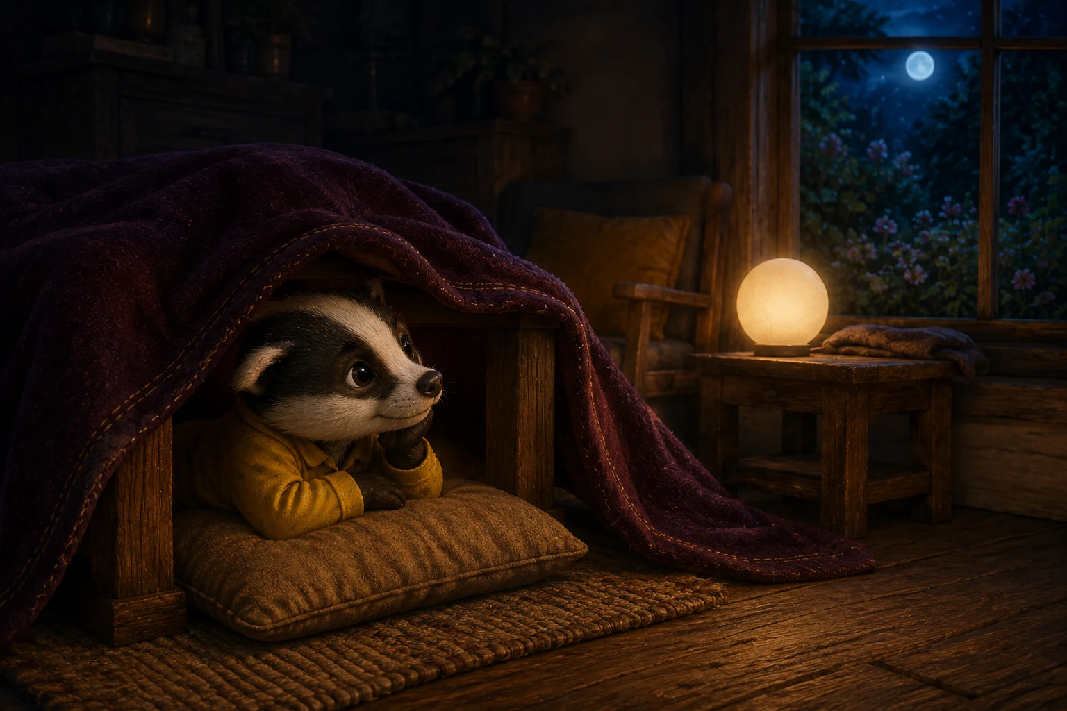Rumi rests alone on a pillow beneath the blanket and looks toward the moonlit bedroom window.