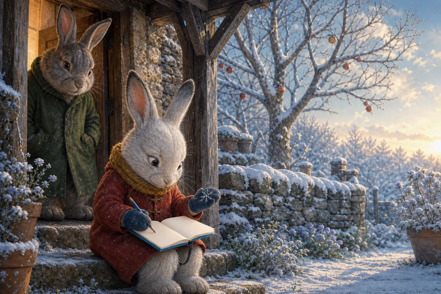 Tess sits on the porch with a blank blue sketchbook and a snowflake on her mitten.