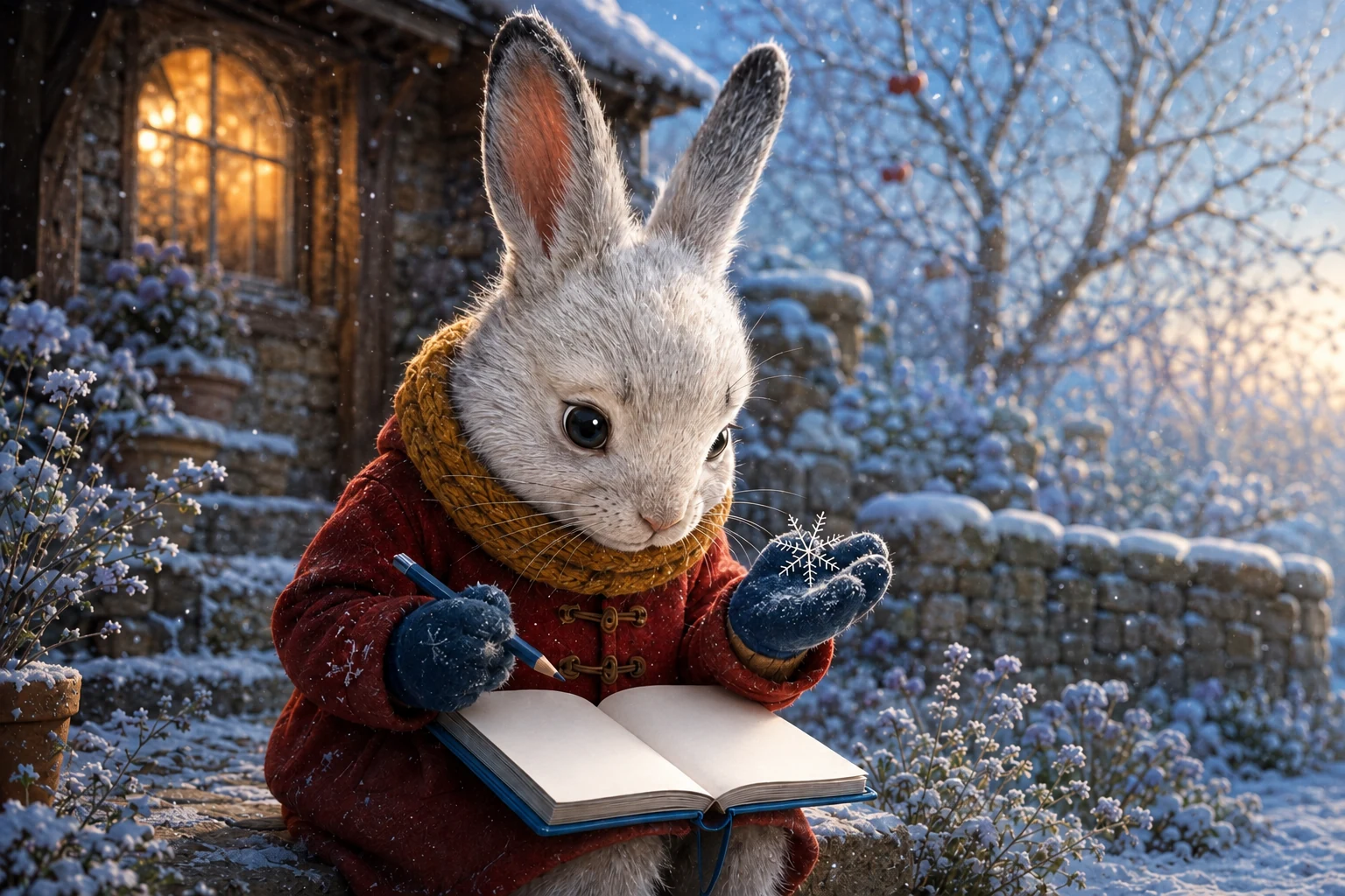 Tess studies the branching ice crystal on her mitten, pencil poised over blank paper.