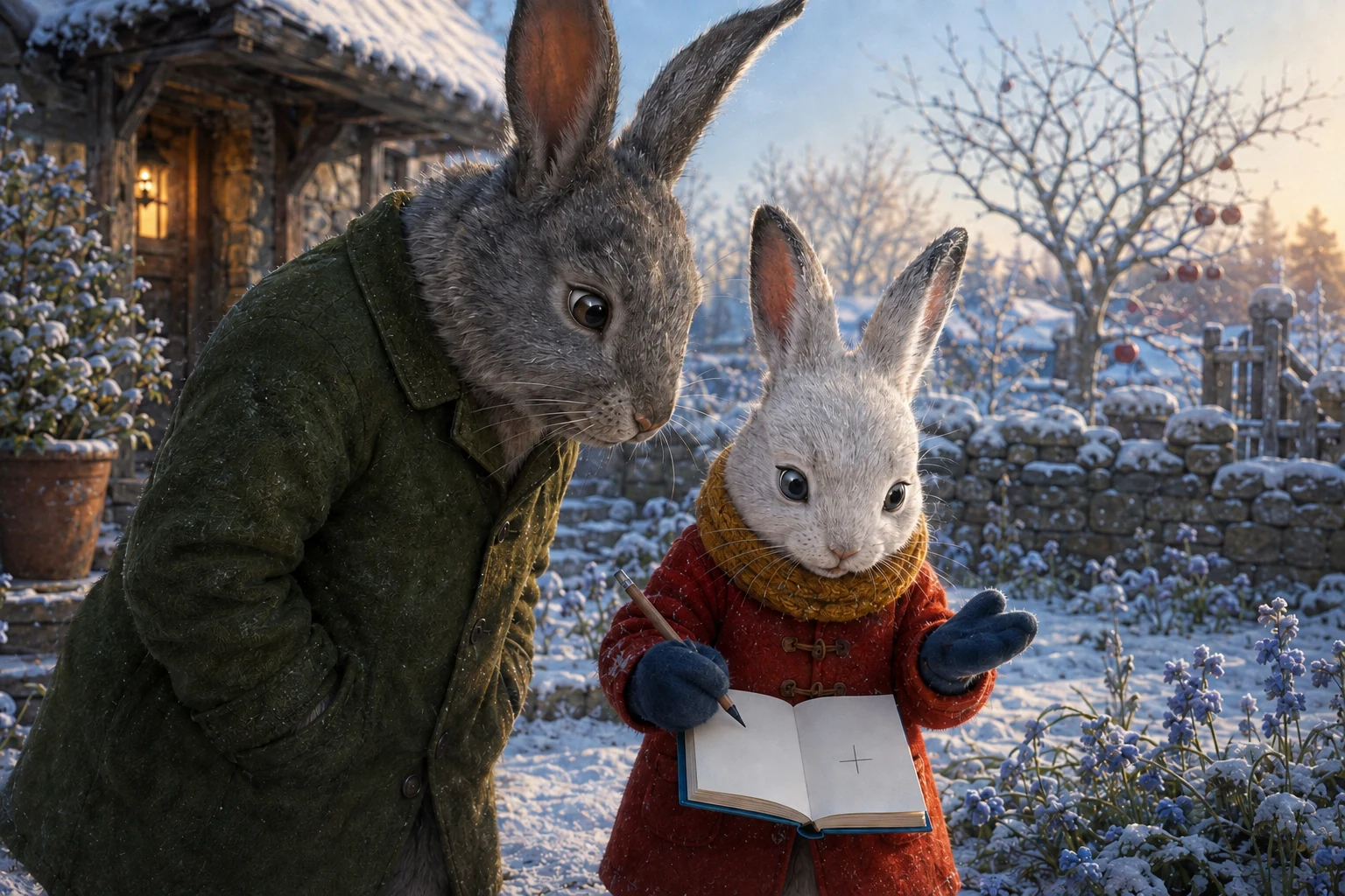 Tess shows two crossed pencil strokes in her book and looks at her now empty mitten.