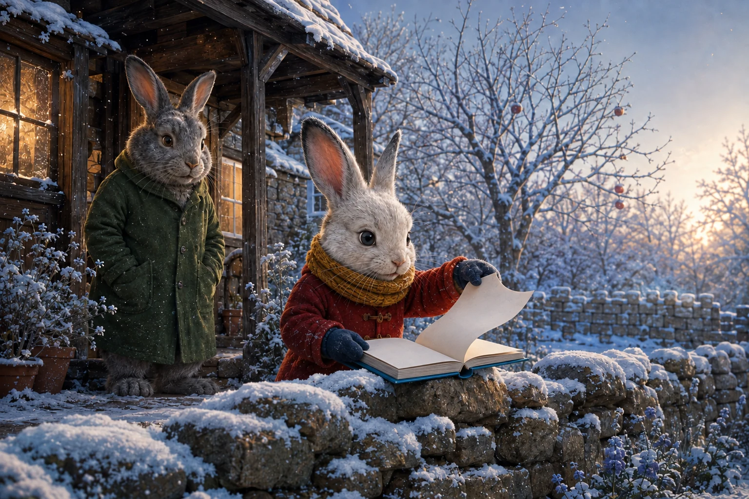 Tess steadies a curling blank page in her bound sketchbook beside the snowy wall.