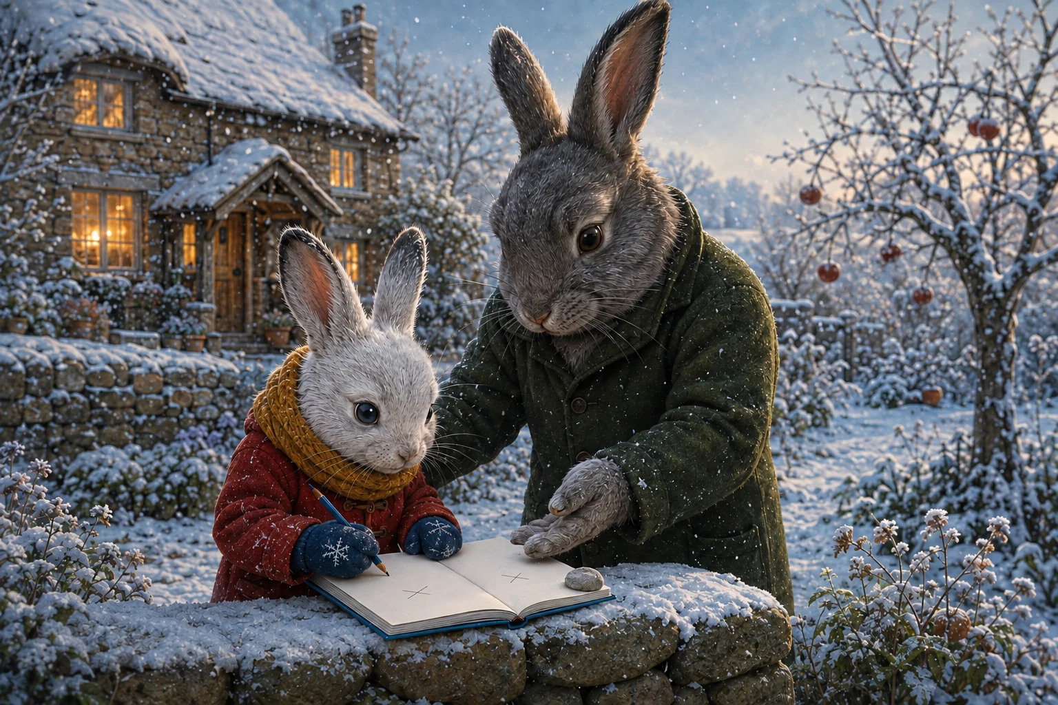Papa offers a smooth stone to hold the sketchbook flat while Tess looks at her unfinished marks.