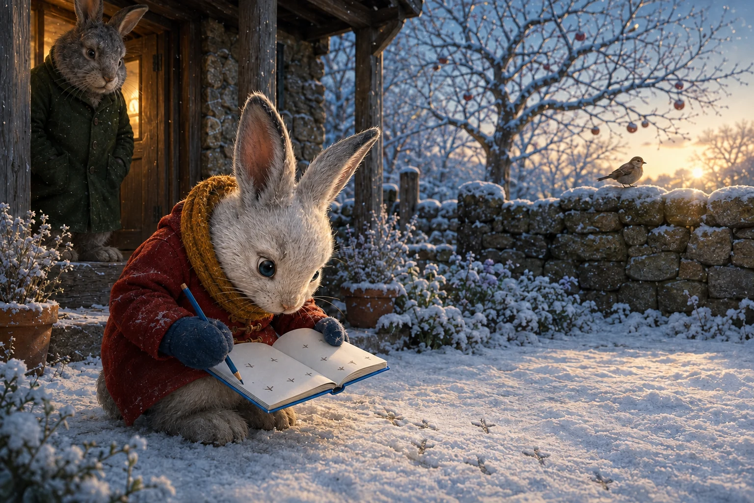 Tess copies small bird-track marks into her sketchbook beside real tracks crossing the snow.