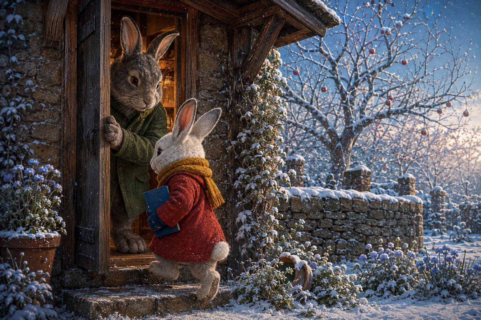 Tess carries her closed blue sketchbook through the cottage door while Papa holds it open.