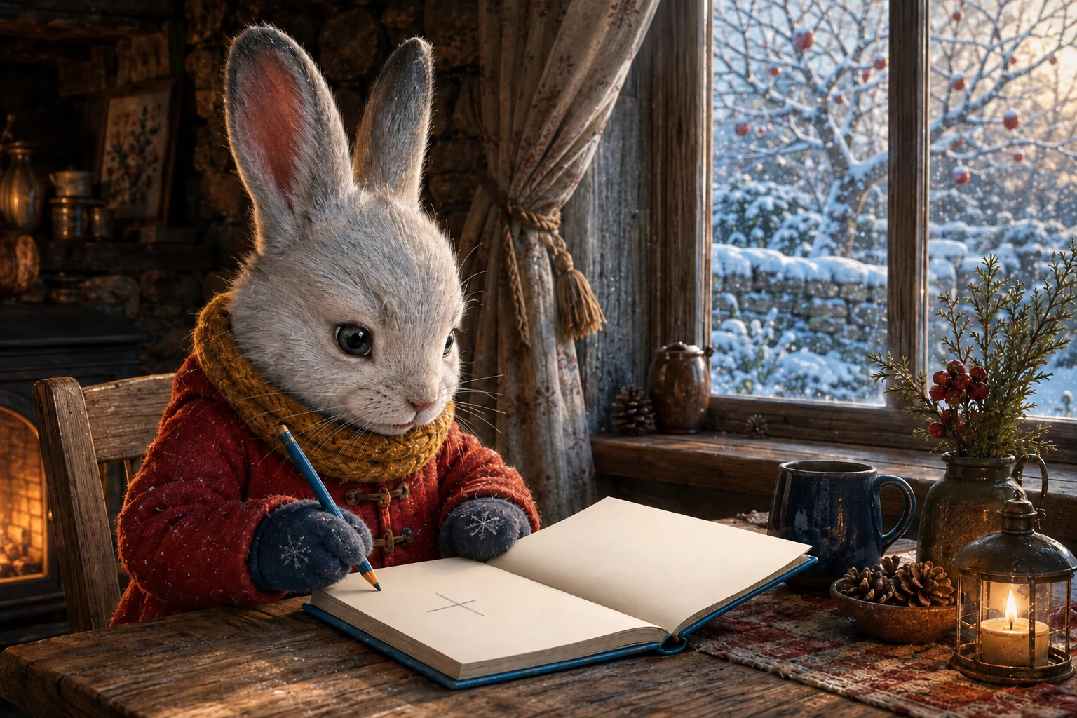 Tess sits beside the snowy window with an unfinished cross on one page and blank paper facing it.