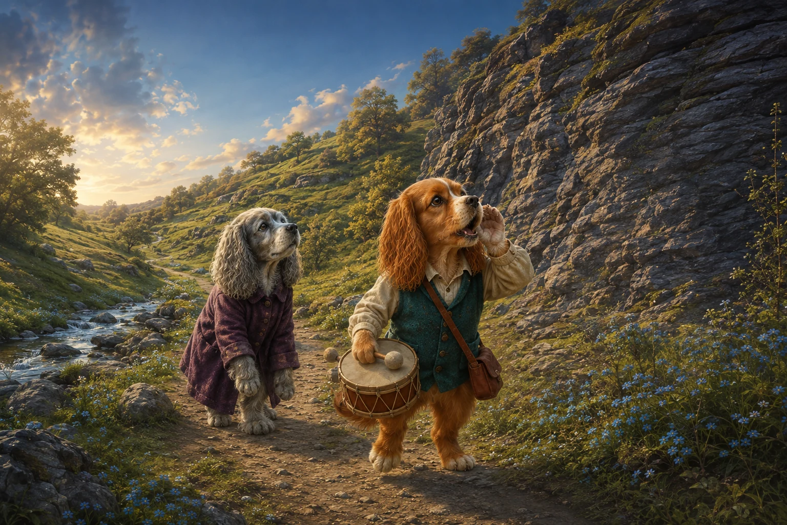 Boro cups a paw near his mouth and calls toward the rock face while Nessa waits on the broad path.