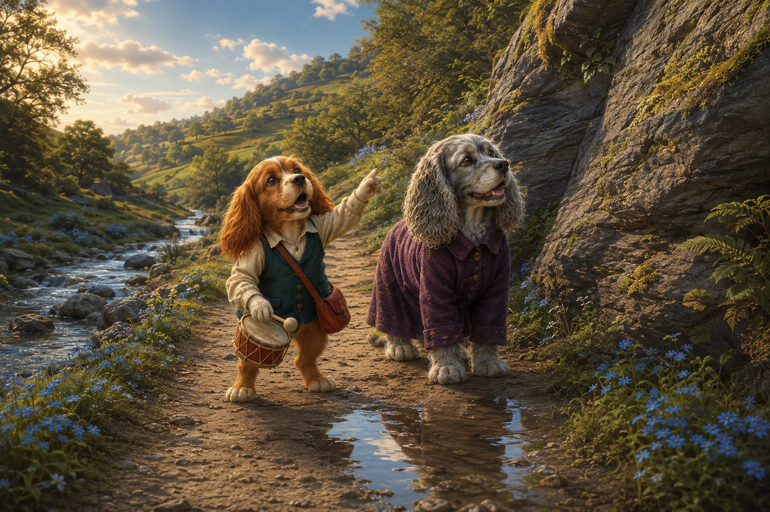 Boro smiles toward the slate rocks beside Nessa, a shallow puddle and blue wildflowers.