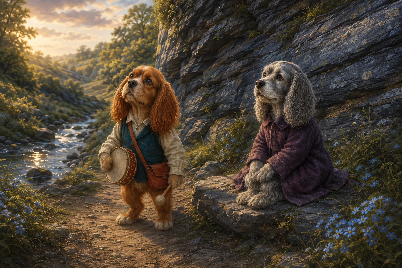 Boro tilts his head to listen; Nessa rests beside the slate rocks.