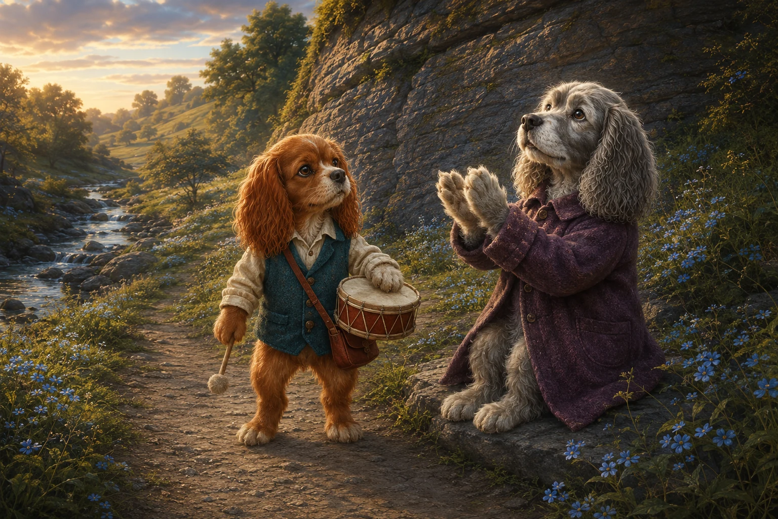 Nessa brings her paws together for a clap while Boro watches beside the meadow rocks.