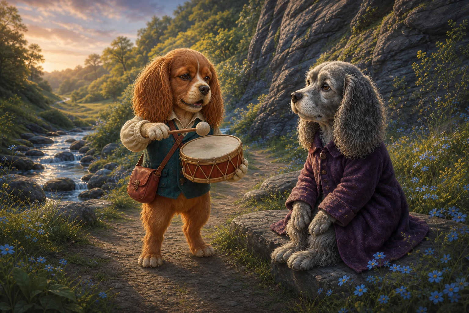 Boro holds his wooden drum and raises its felt beater; Nessa listens nearby.