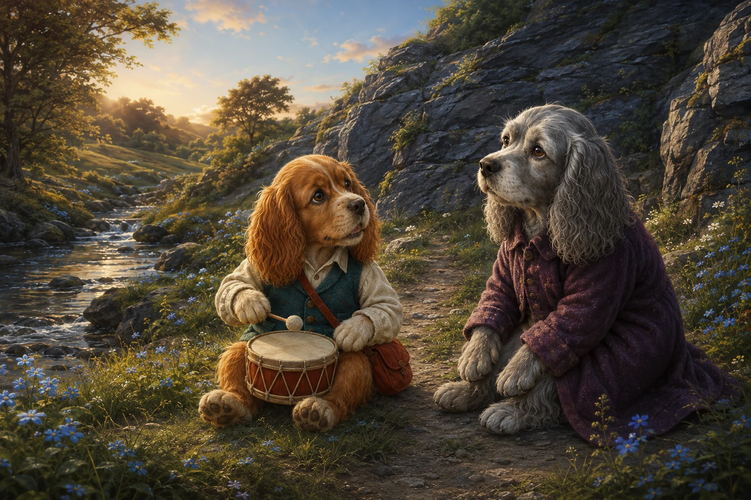 Boro sits on the grassy edge of the path with his small drum between his knees.
