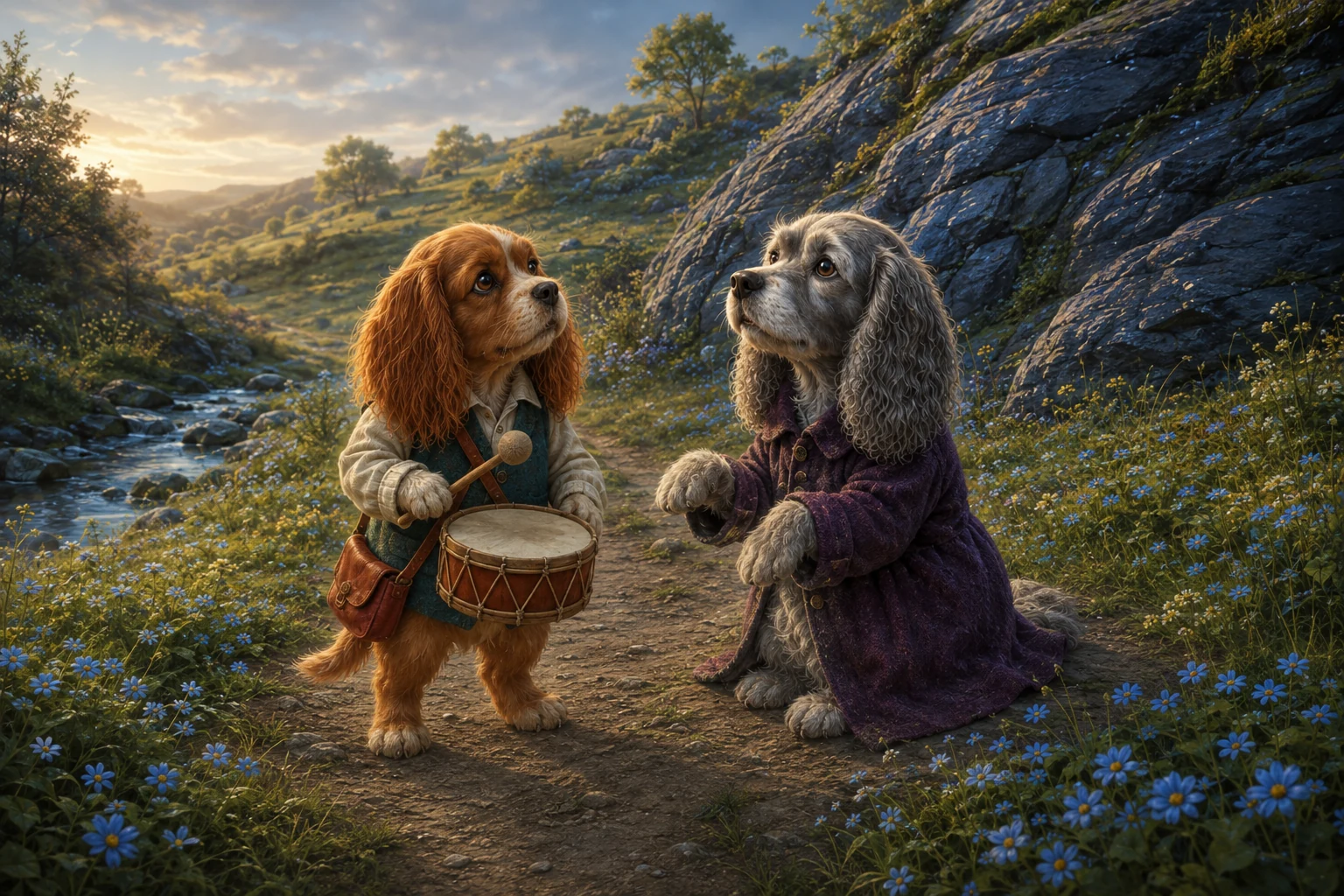 Boro pauses over his drum while Nessa moves her paws in time.