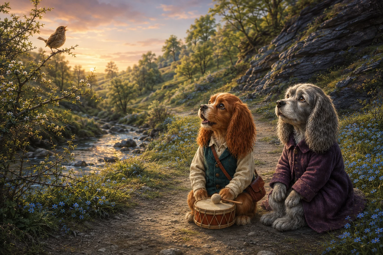 Boro and Nessa look up toward a wren in the thorn bush; the drum is still.
