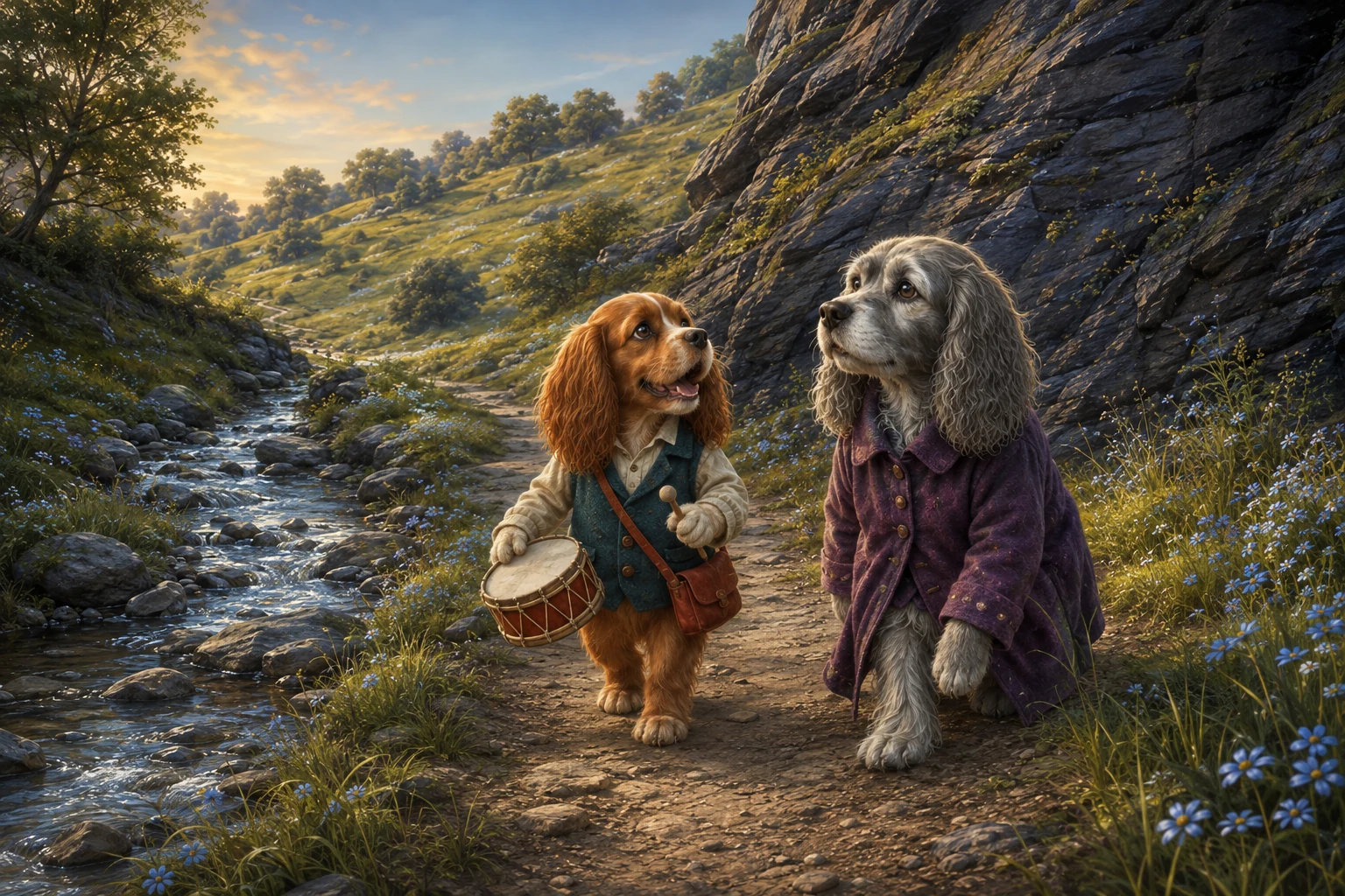 Boro carries his drum beside Nessa as they follow the shallow stream.