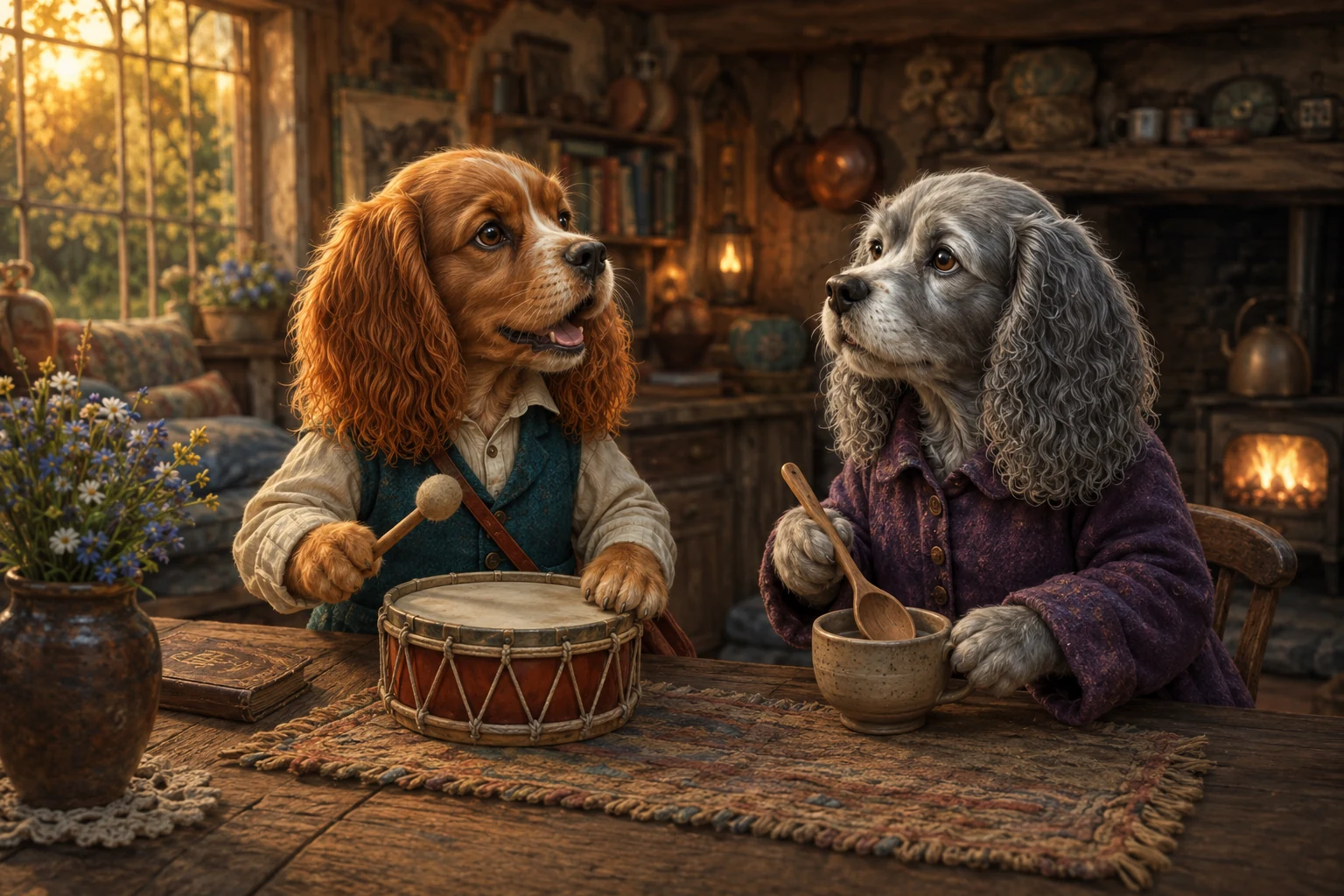 At the cottage table, Boro plays his drum and Nessa holds a wooden spoon above her plain cup.