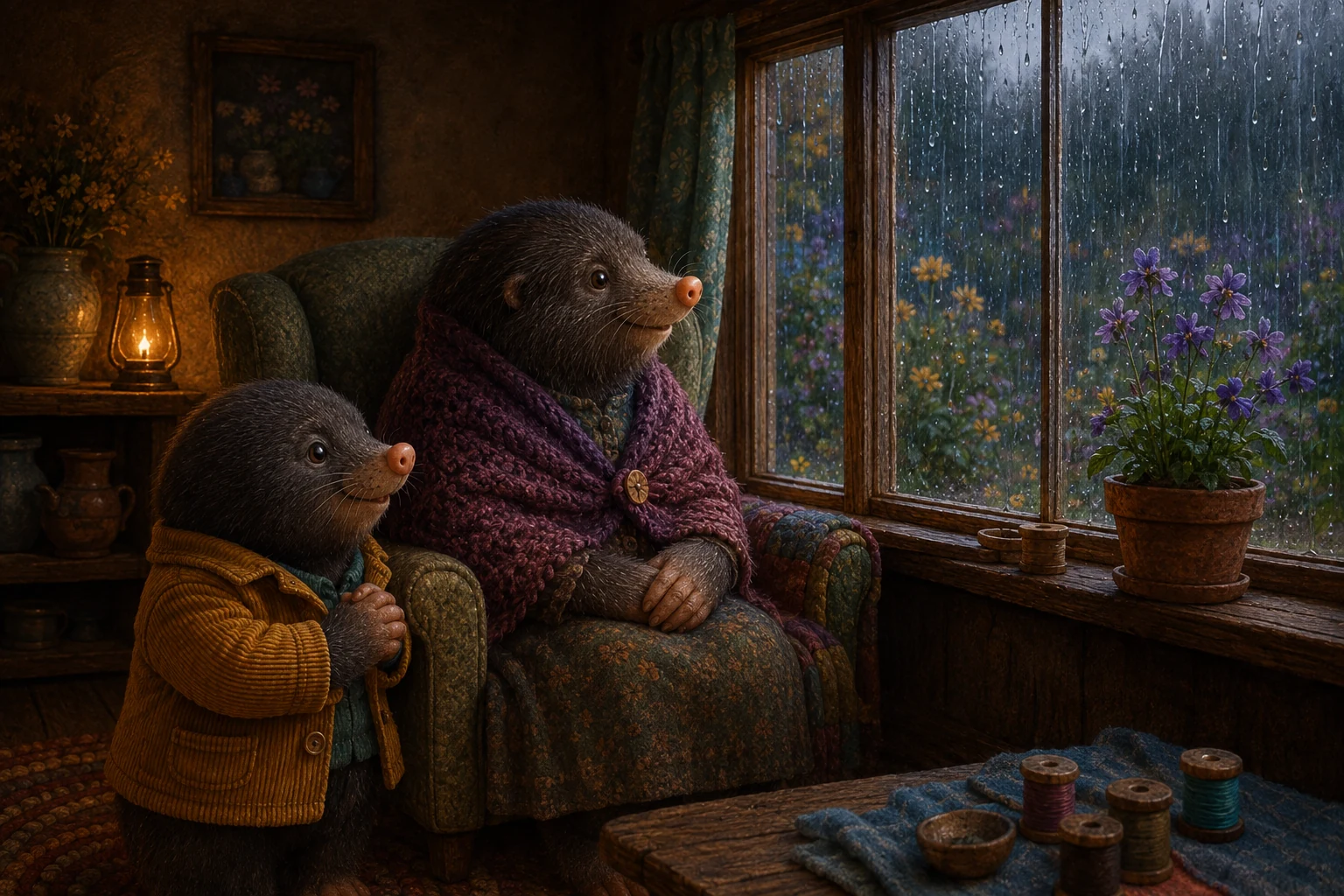 Lulo stands beside Gran's armchair as they look through the rain-streaked window at flowers outside the cottage.
