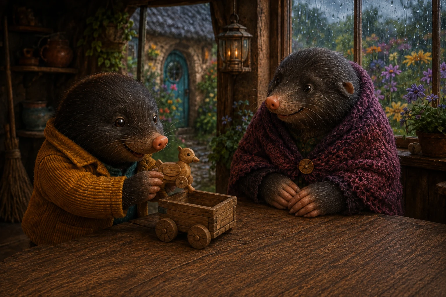 Lulo holds the wooden duck above an empty four-wheeled cart as Gran leans across the table to watch.