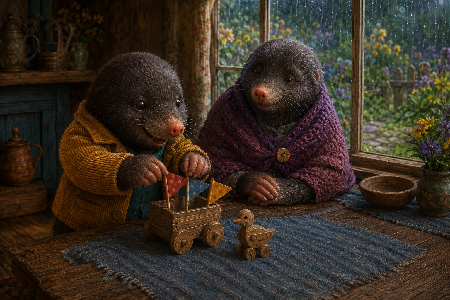 Lulo arranges three paper flags, red, blue and yellow, in the cart beside the little wooden duck.