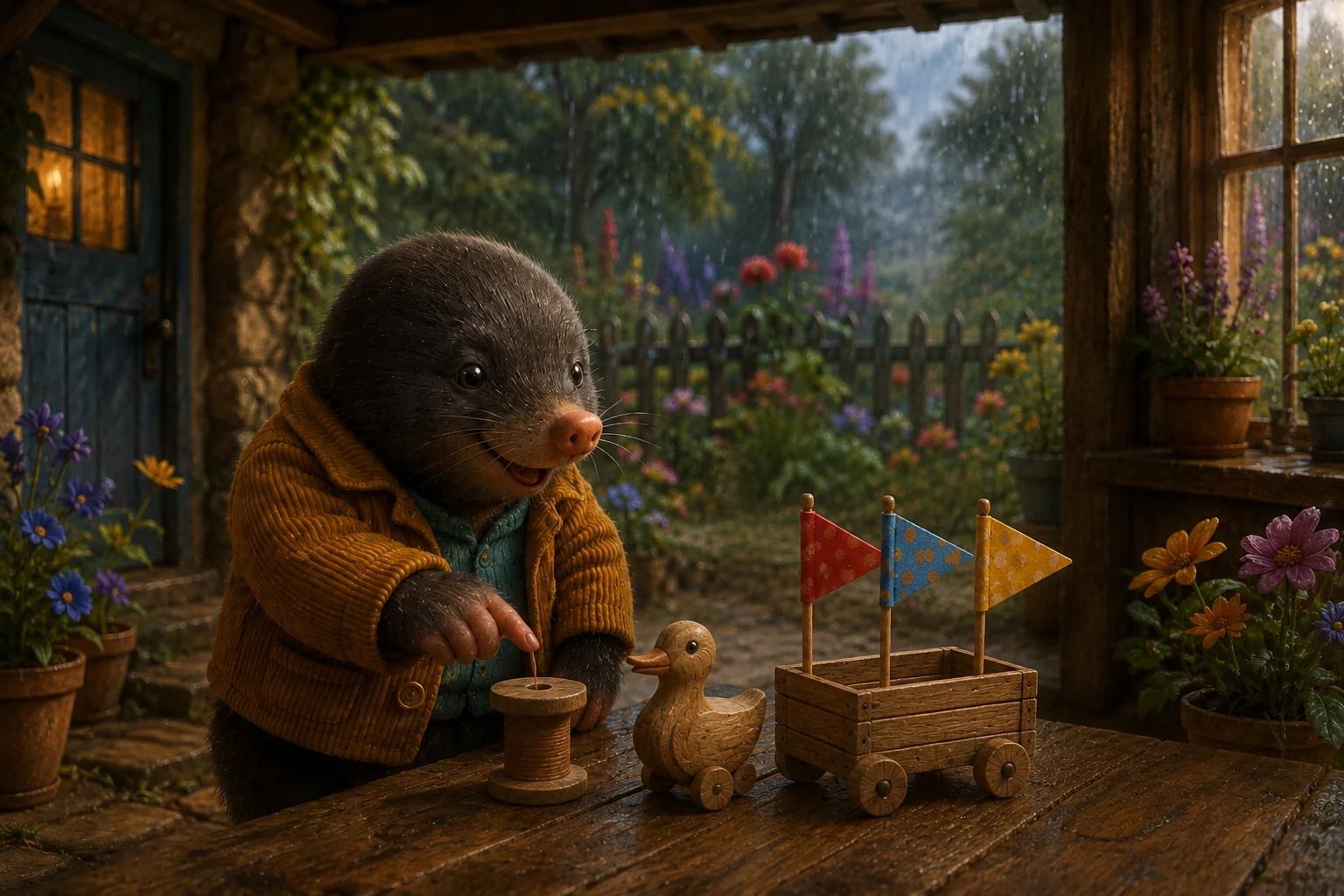 Lulo taps a wooden spool with a slender peg beside the duck and cart with three colored flags.
