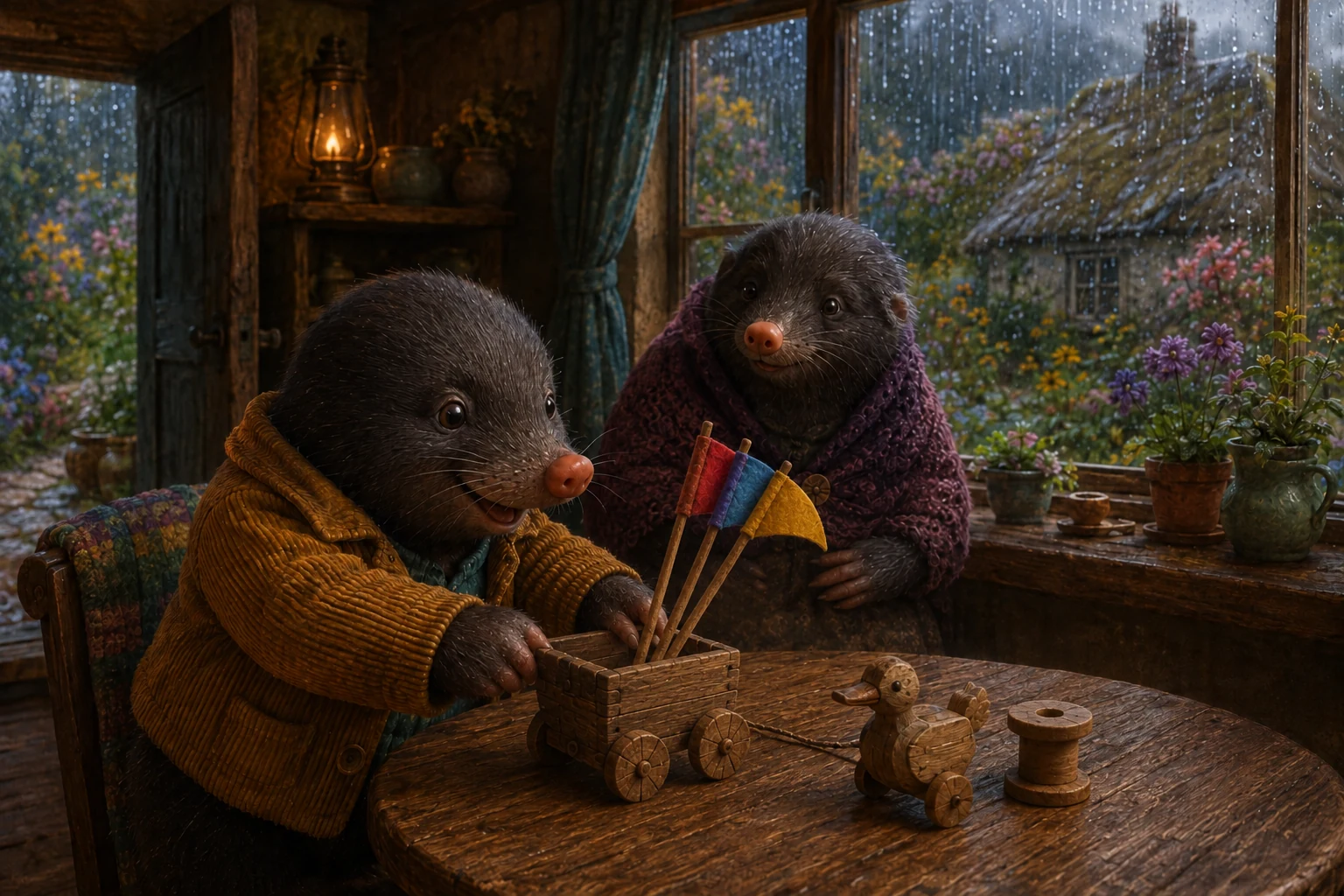 The red, blue and yellow flags lean together while Lulo pushes the little cart across the wooden table.