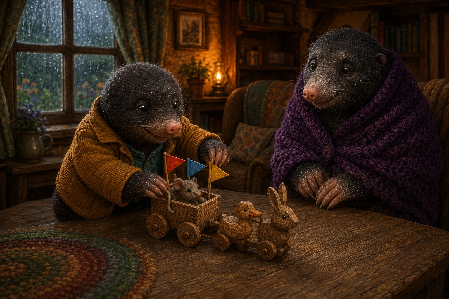 Lulo arranges the wooden rabbit and duck in front of a cart carrying a soft gray mouse beneath three flags.