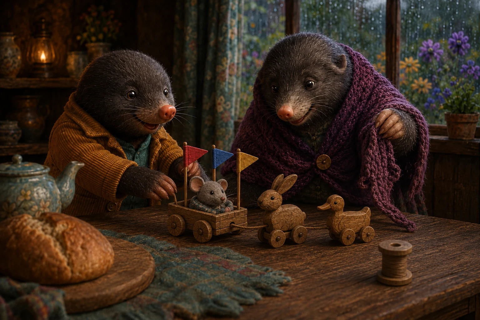 The toy parade passes a teapot and breadboard while Gran lifts her knitting above the little wooden animals.