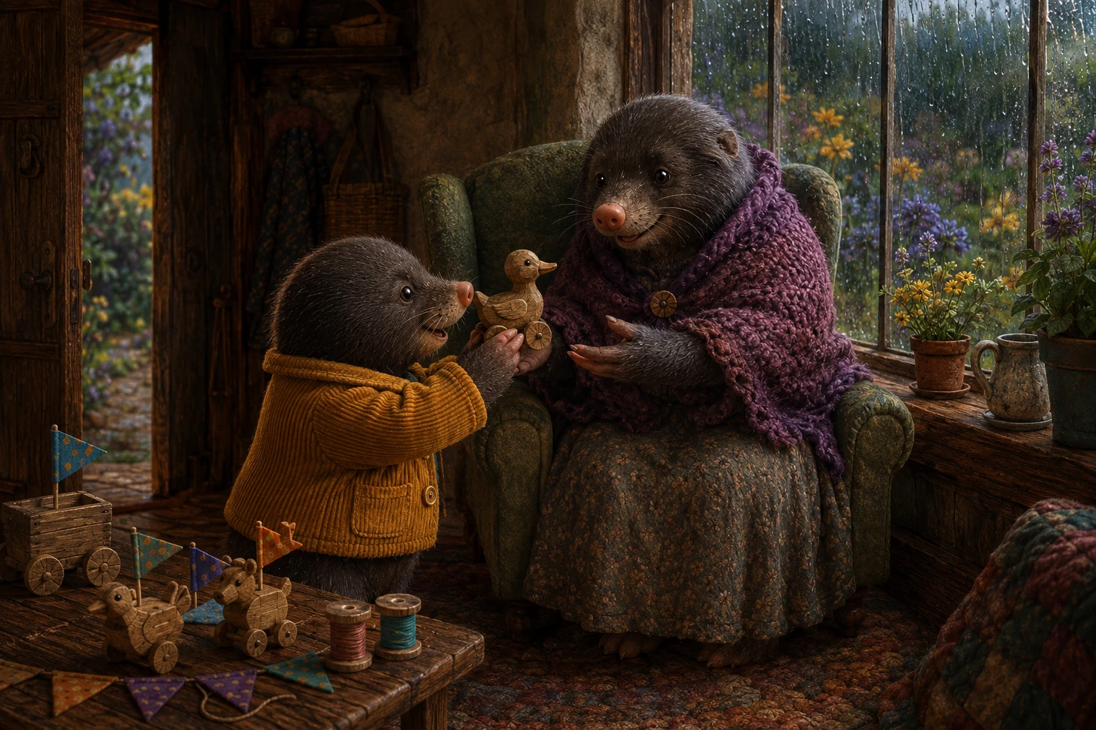 Lulo raises the wooden duck toward Gran beside the window, while other toys remain on the low table.