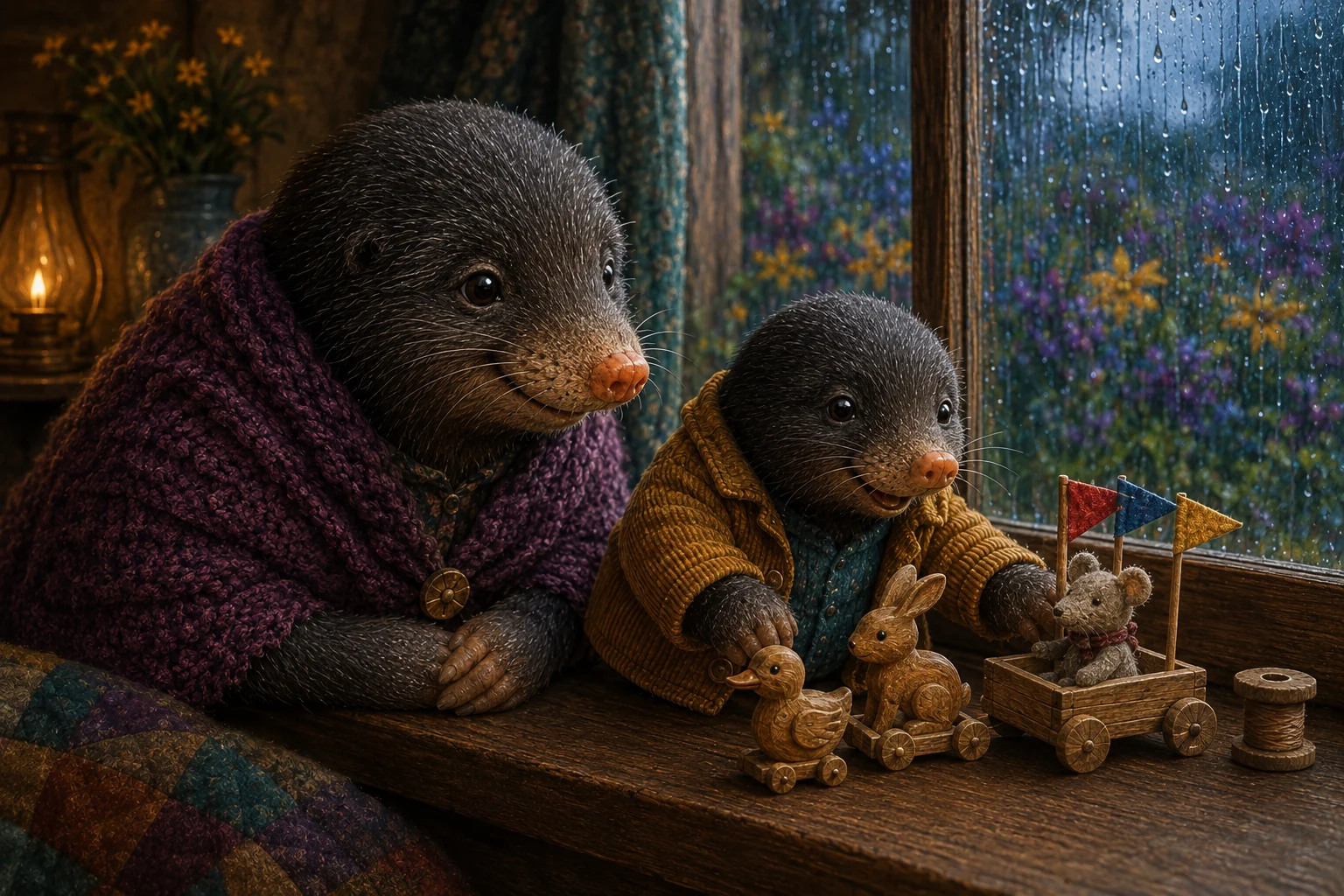 Gran watches beside Lulo as the duck, rabbit and cloth-mouse cart line up along the broad window ledge.