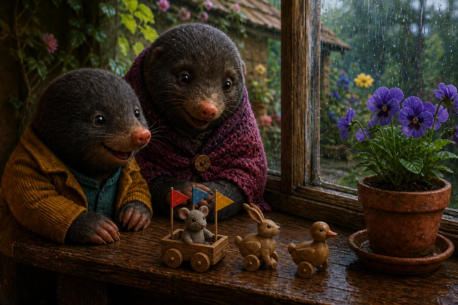 The wooden duck and rabbit approach a purple flowerpot, followed by the cloth mouse in its three-flag cart.